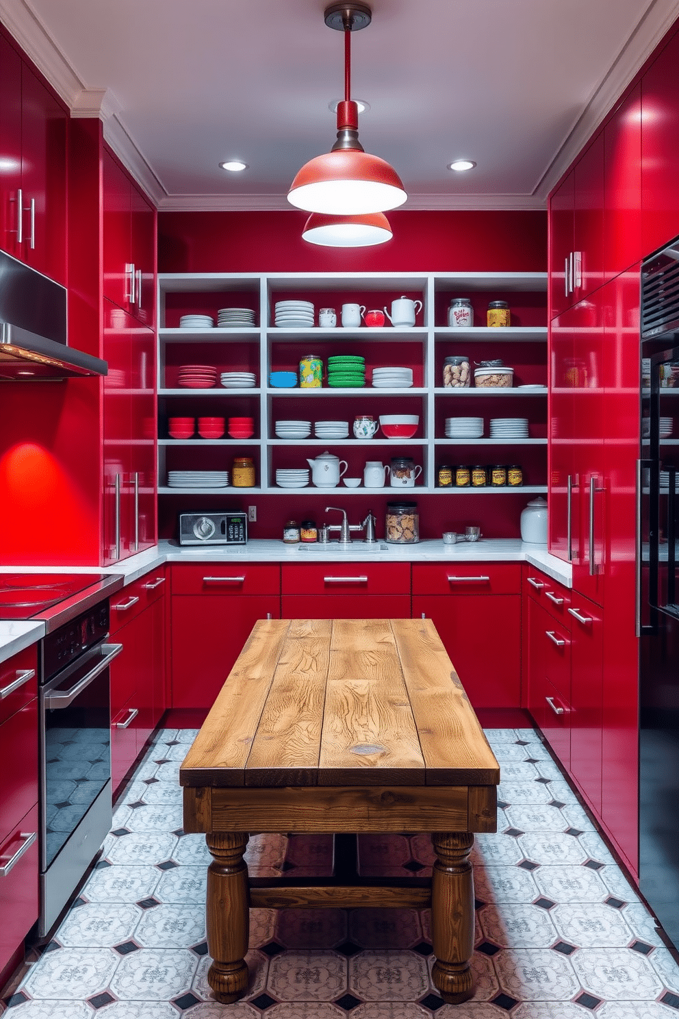 A vintage-inspired pantry featuring rich red accents, including a bold red accent wall and retro-style cabinetry. Modern fixtures seamlessly blend with the vintage elements, showcasing sleek stainless steel appliances and contemporary lighting. The pantry is organized with open shelving displaying colorful dishware and vintage jars, creating an inviting atmosphere. A rustic wooden table in the center complements the red accents, providing a functional space for meal prep and casual dining.