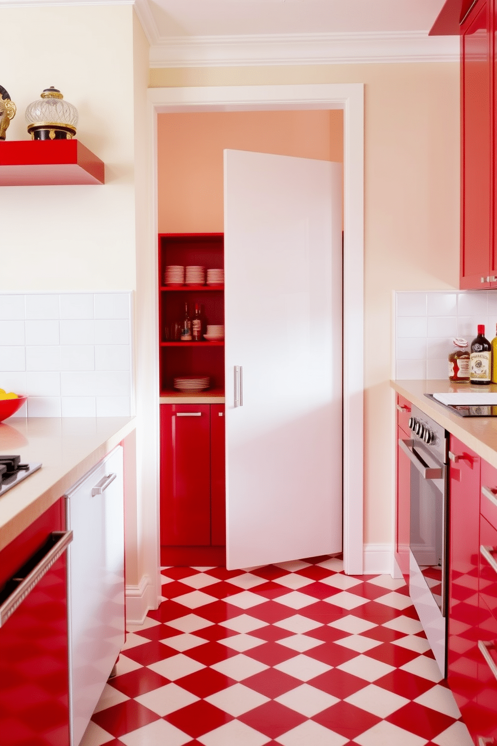 A vibrant kitchen featuring red and white checkerboard tile flooring that adds a playful touch to the space. The walls are painted in a soft cream, complementing the bold floor while enhancing the overall brightness of the room. A stylish red pantry with sleek shelving that maximizes storage while maintaining an organized appearance. The pantry door is a glossy white, providing a striking contrast to the red cabinetry and creating a modern yet inviting atmosphere.