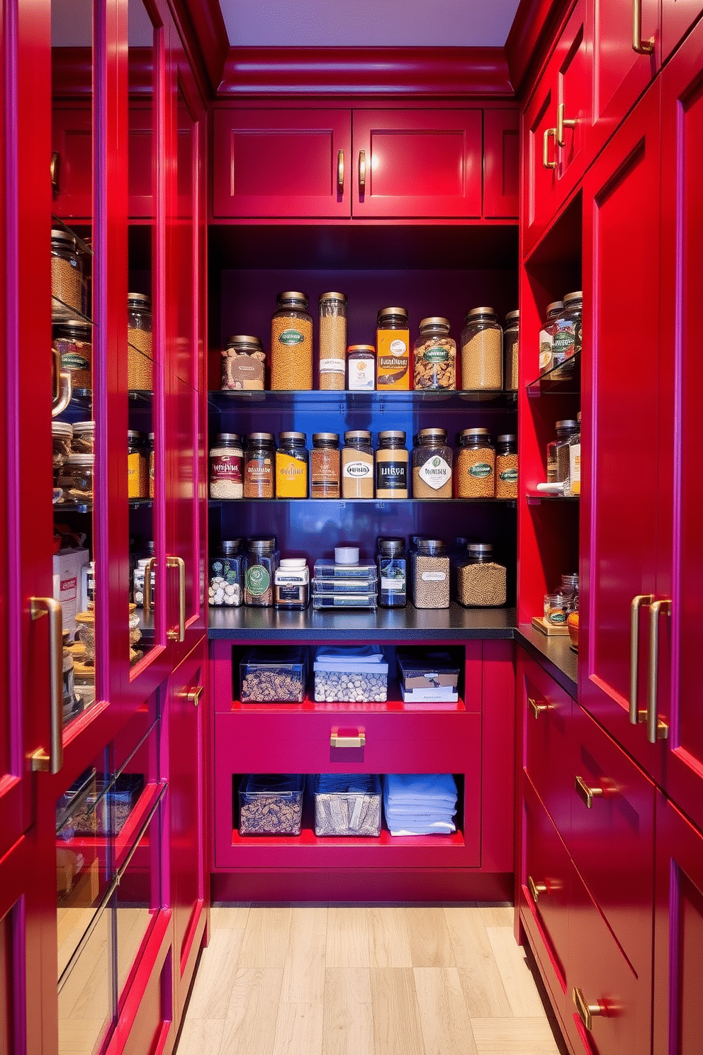 A striking pantry featuring bold red cabinetry with elegant brass hardware accents that catch the light. The shelves are organized with clear glass containers, showcasing an array of colorful spices and dry goods for a vibrant display.