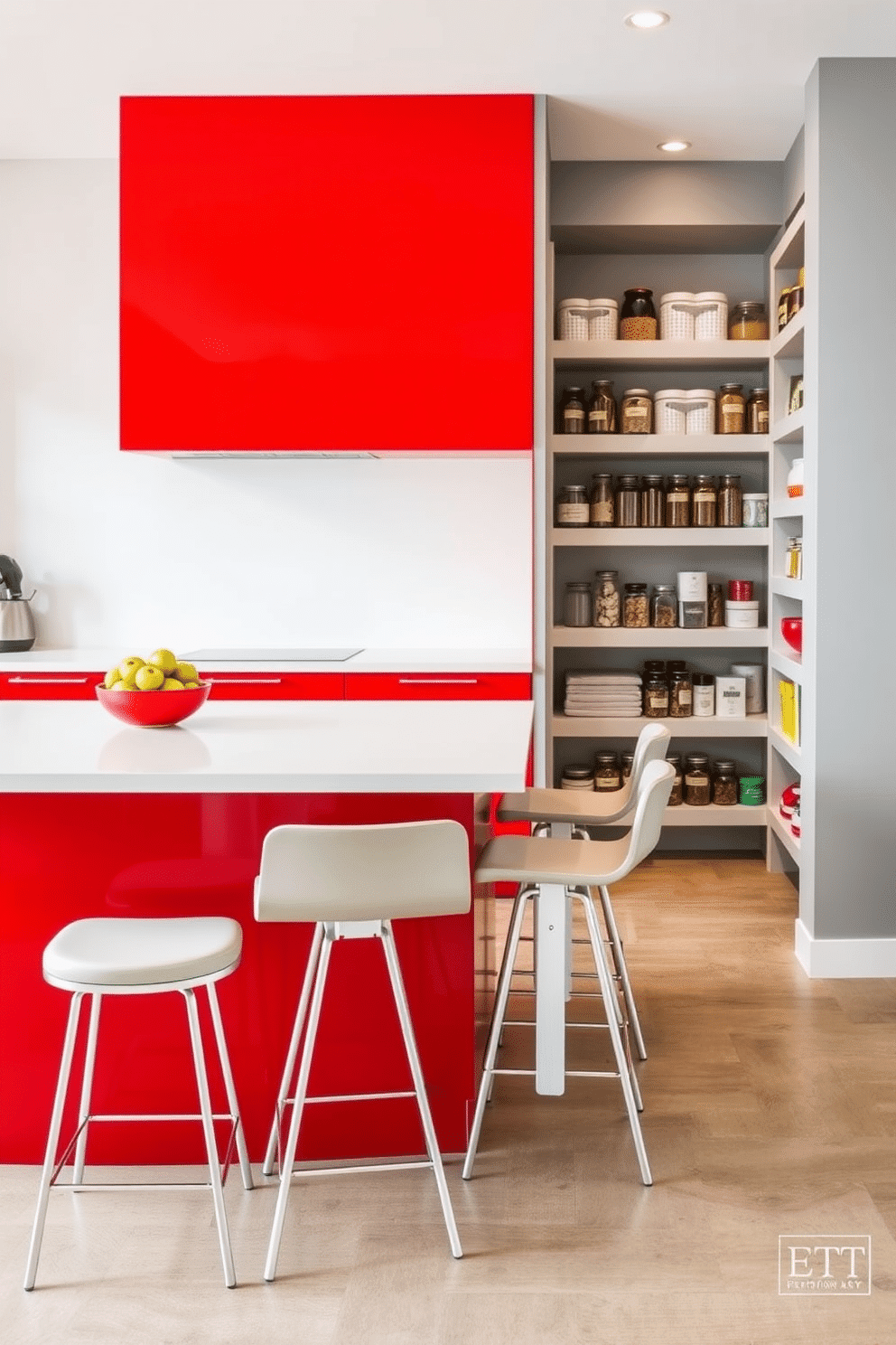 A striking bright red kitchen island takes center stage, featuring sleek white countertops that enhance its vibrant hue. Surrounding the island, minimalist bar stools in a neutral tone provide a comfortable seating area, perfect for casual dining. Adjacent to the island, a modern pantry design showcases open shelving with organized jars and containers, creating a functional yet stylish space. The pantry walls are painted in a soft gray, allowing the red accents to pop while maintaining a cohesive look throughout the kitchen.