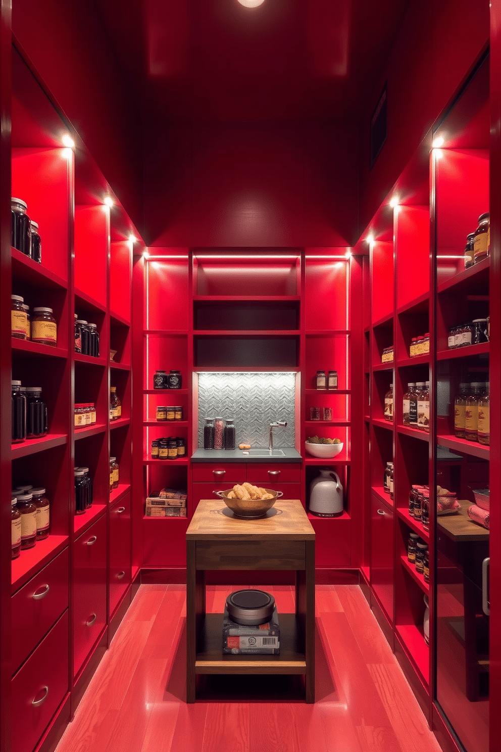 A striking deep red pantry featuring built-in lighting that highlights the rich color and creates a warm, inviting atmosphere. Sleek shelving runs along the walls, showcasing a variety of jars and ingredients, while a small wooden island in the center offers additional workspace.