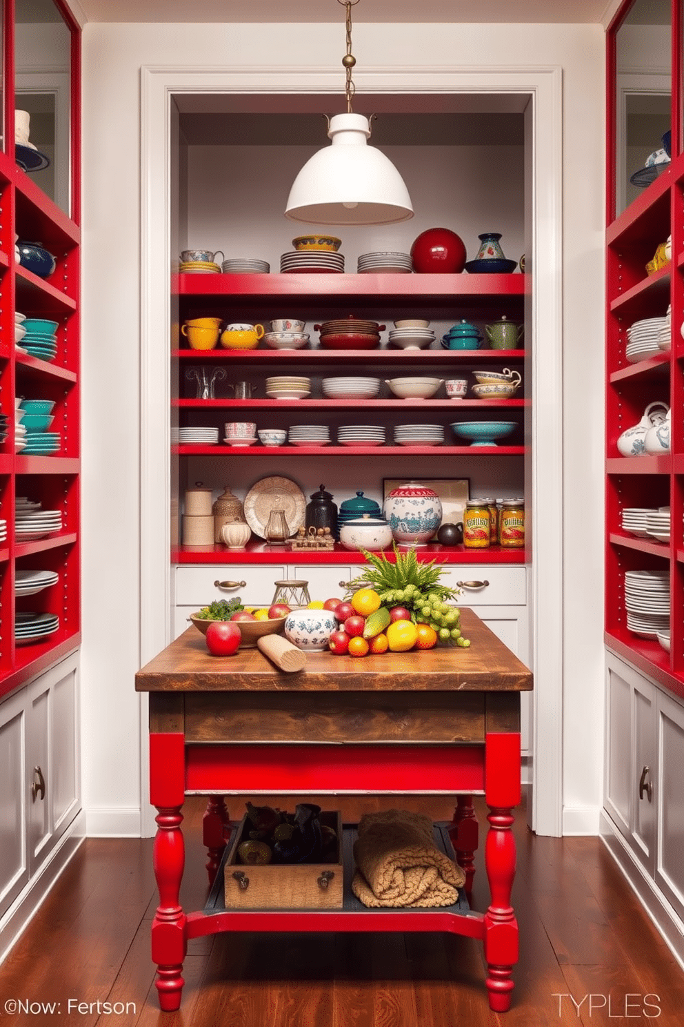 A vibrant red pantry features open shelves that showcase an array of colorful dishes, creating a lively and inviting atmosphere. The shelves are meticulously organized, displaying a mix of ceramics and glassware that adds personality to the space. The pantry's walls are painted in a soft white, providing a striking contrast to the bold red shelves. A rustic wooden table is positioned in the center, adorned with fresh produce and decorative accents that enhance the overall charm of the design.