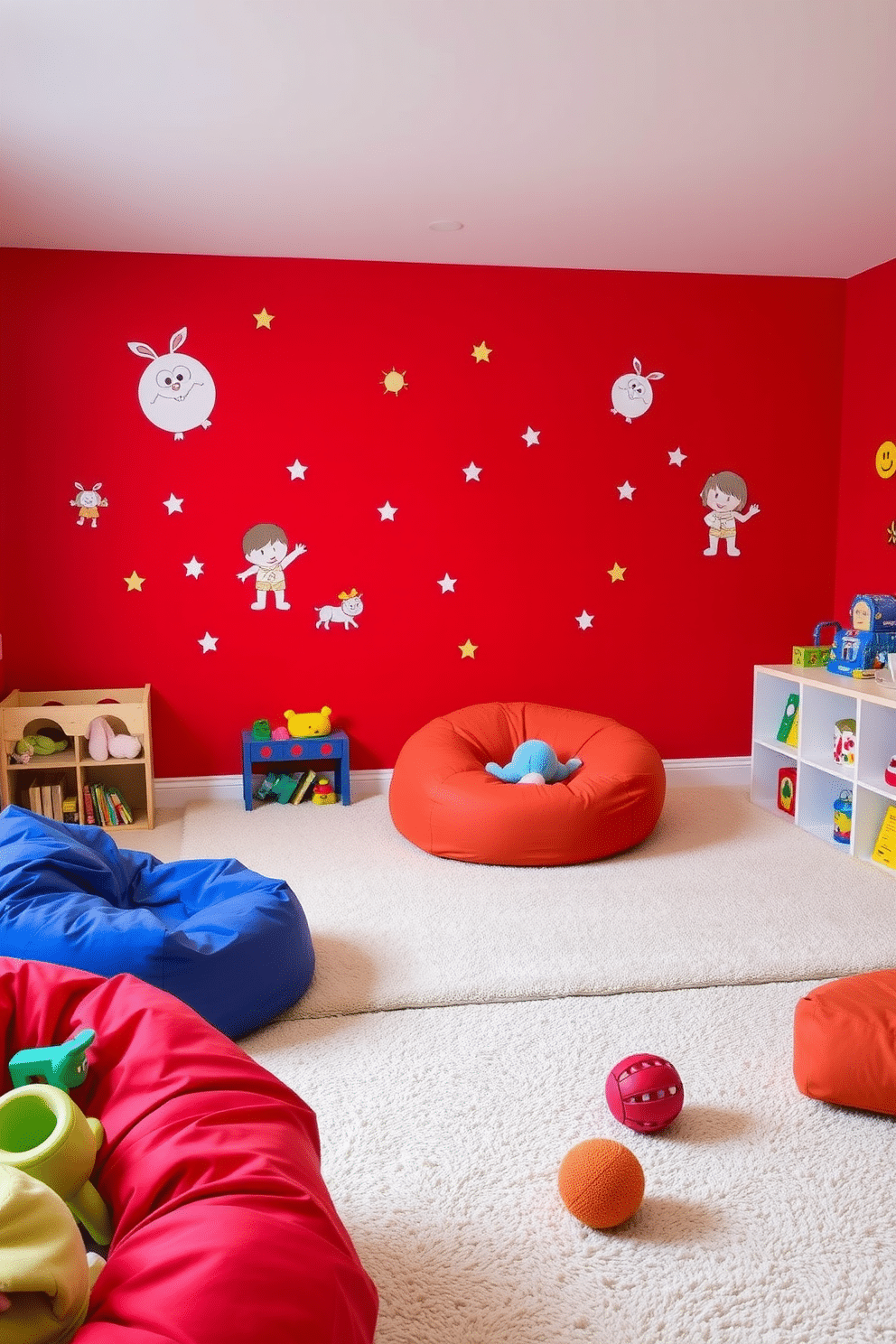 Bright red walls adorned with playful decals create a vibrant and energetic atmosphere. The room features a soft, plush carpet in a contrasting color for comfort, with a variety of colorful toys and bean bags scattered throughout for a fun, inviting space.