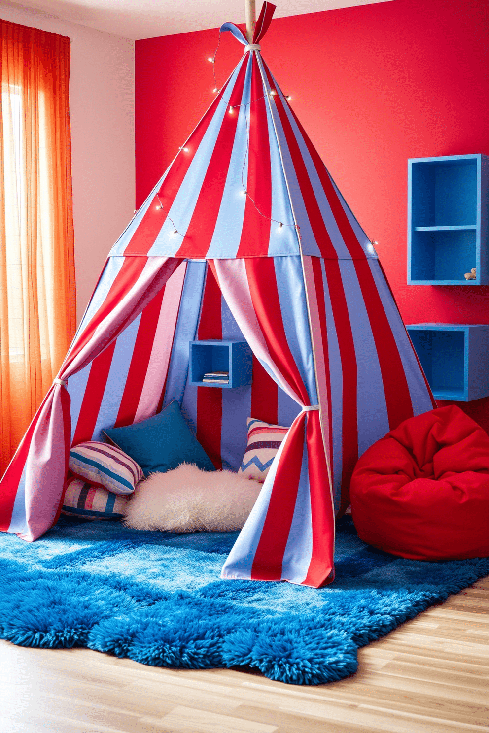 A vibrant play tent designed for children, featuring bold red and blue stripes that create an inviting atmosphere. Inside the tent, plush cushions in coordinating colors provide comfort, while whimsical fairy lights twinkle overhead to enhance the playful ambiance. The playroom is filled with creative elements, showcasing a red accent wall adorned with blue shelving units. A soft blue rug sprawls across the floor, complemented by red bean bags for a cozy reading nook, making it a perfect space for imaginative play.