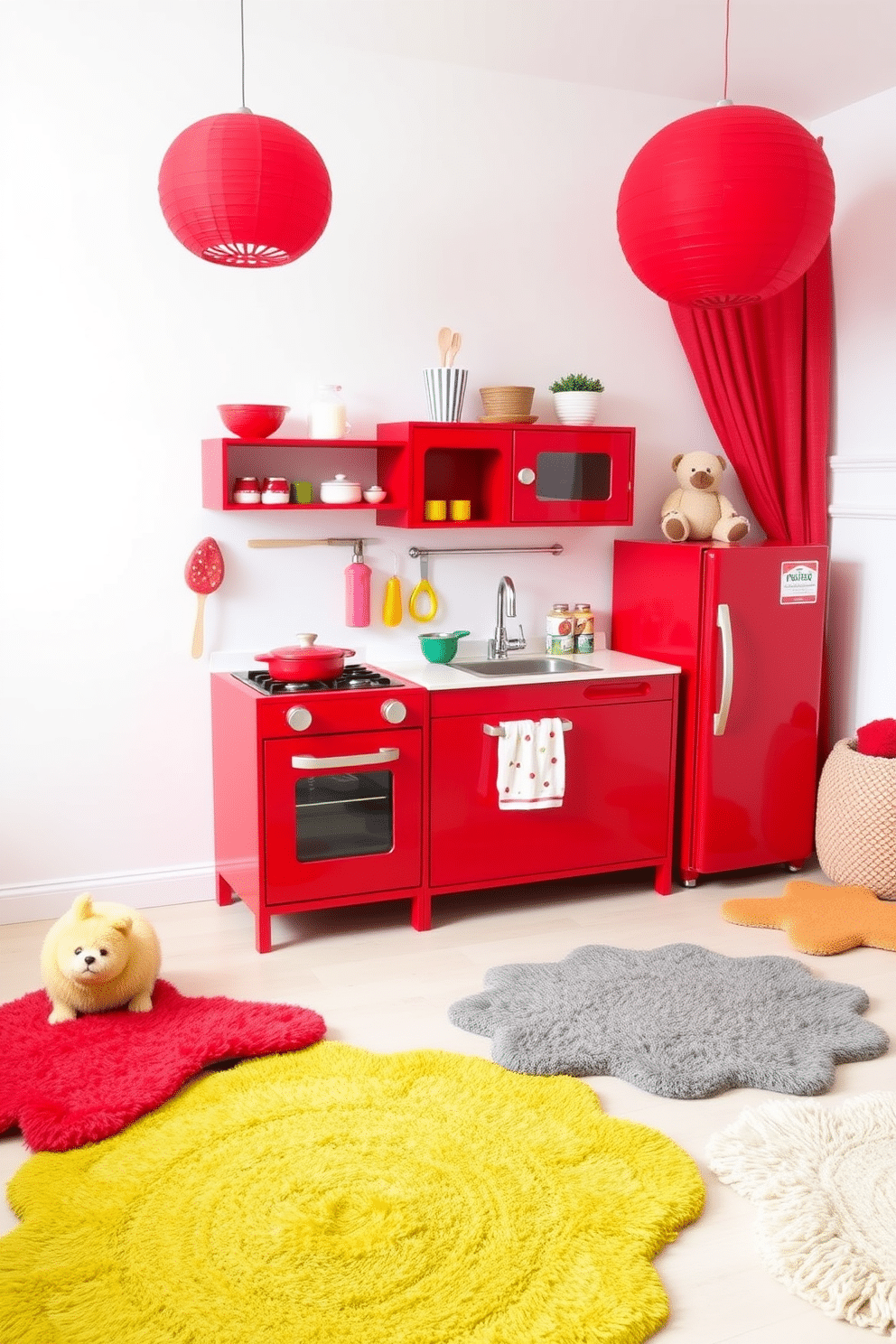 A vibrant playroom features a fun red play kitchen that sparks imaginative play. The kitchen is equipped with a miniature stove, sink, and refrigerator, all in cheerful red, surrounded by colorful play food and utensils. The walls of the playroom are painted in a soft white to balance the bold red accents. Plush rugs in various shapes and sizes provide a cozy area for children to gather and explore their creativity.