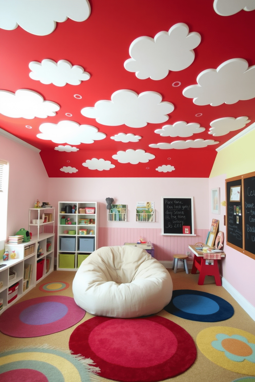 A playful playroom with a vibrant red ceiling adorned with whimsical cloud decals that create a dreamy atmosphere. The walls are painted in soft pastel colors, and colorful rugs are scattered across the floor to provide a cozy play area. In one corner, there is a large, plush bean bag chair surrounded by shelves filled with toys and books. A small table with art supplies invites creativity, while a chalkboard wall offers endless opportunities for drawing and writing.