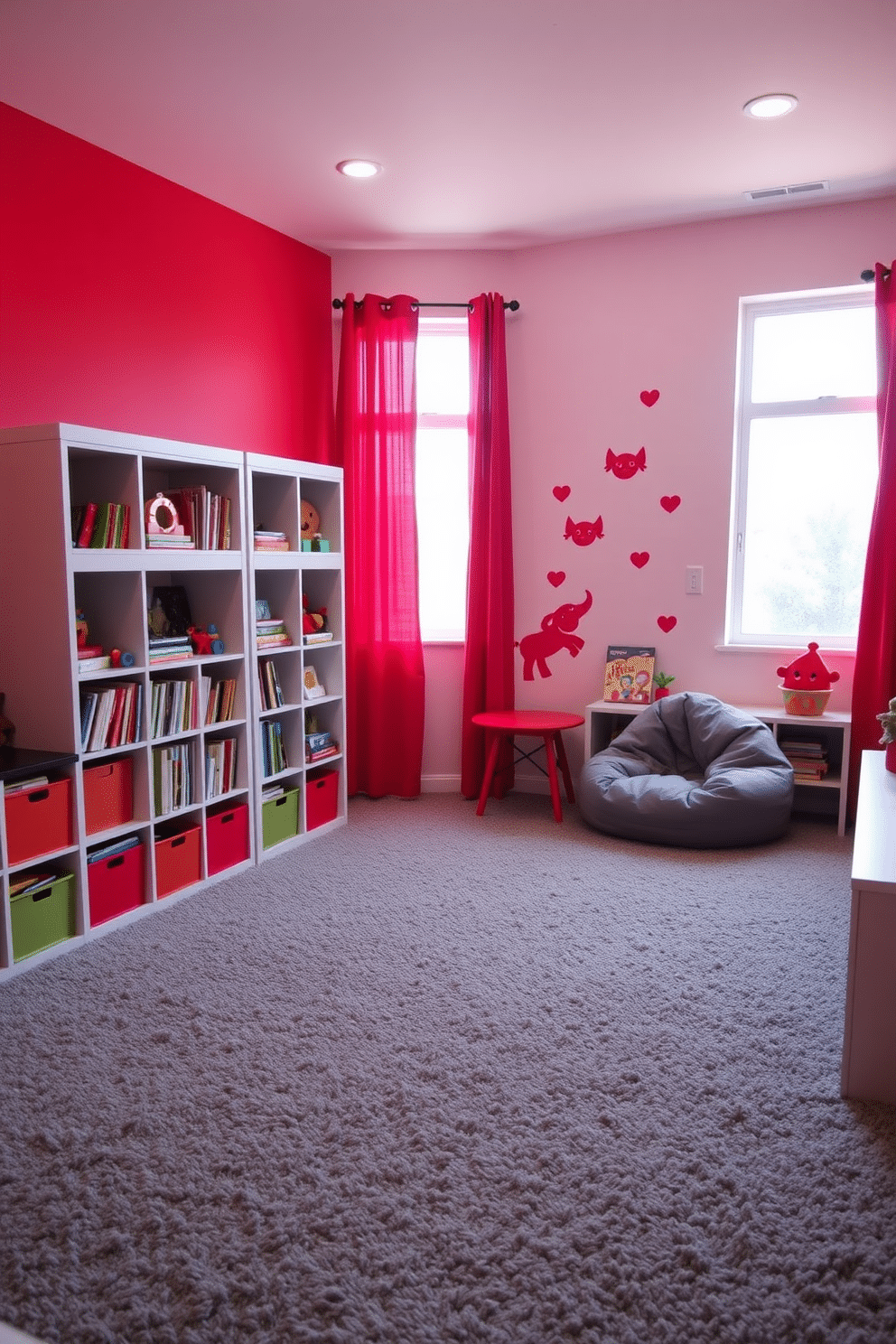 A vibrant playroom designed with a red and grey color palette, featuring a plush grey carpet that covers the floor. The walls are painted in a rich red hue, accented by playful grey shelving units filled with colorful toys and books. In one corner, a cozy reading nook is created with a grey bean bag chair and a small red side table. Bright red curtains frame the windows, allowing natural light to illuminate the space, while fun wall decals add a whimsical touch.