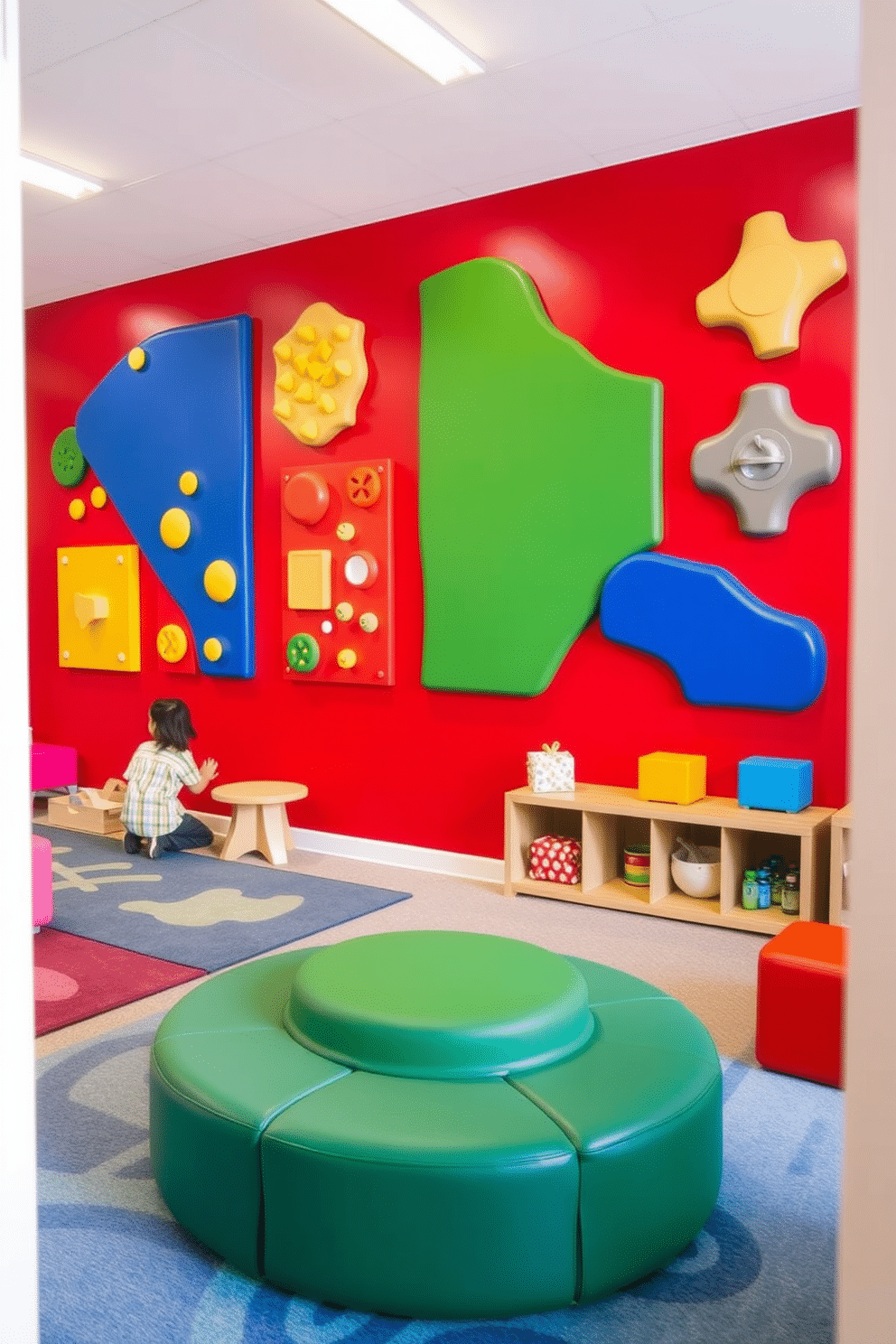 A vibrant playroom featuring an interactive red wall adorned with sensory panels that engage children in tactile exploration. The space is filled with soft, colorful rugs and playful furniture, creating an inviting atmosphere for creativity and fun.