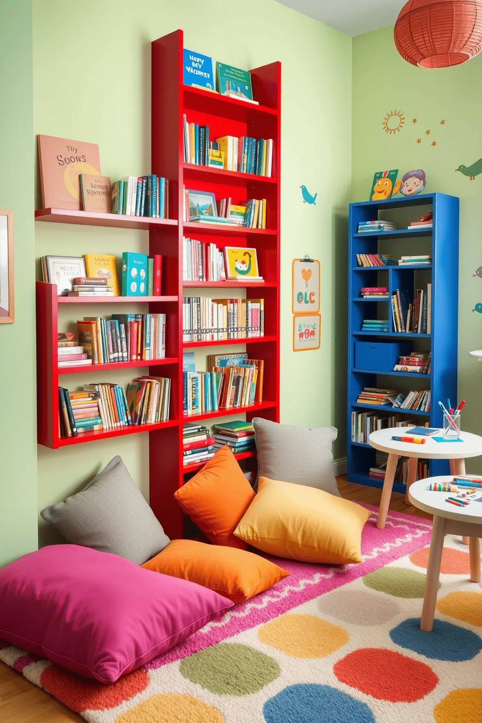 A vibrant playroom featuring striking red bookshelves filled with an array of colorful books. The shelves are complemented by playful, oversized cushions scattered across a soft, multicolored rug, creating a cozy reading nook. The walls are adorned with cheerful artwork and playful decals, enhancing the lively atmosphere of the space. A small table with art supplies is positioned nearby, inviting creativity and imaginative play.