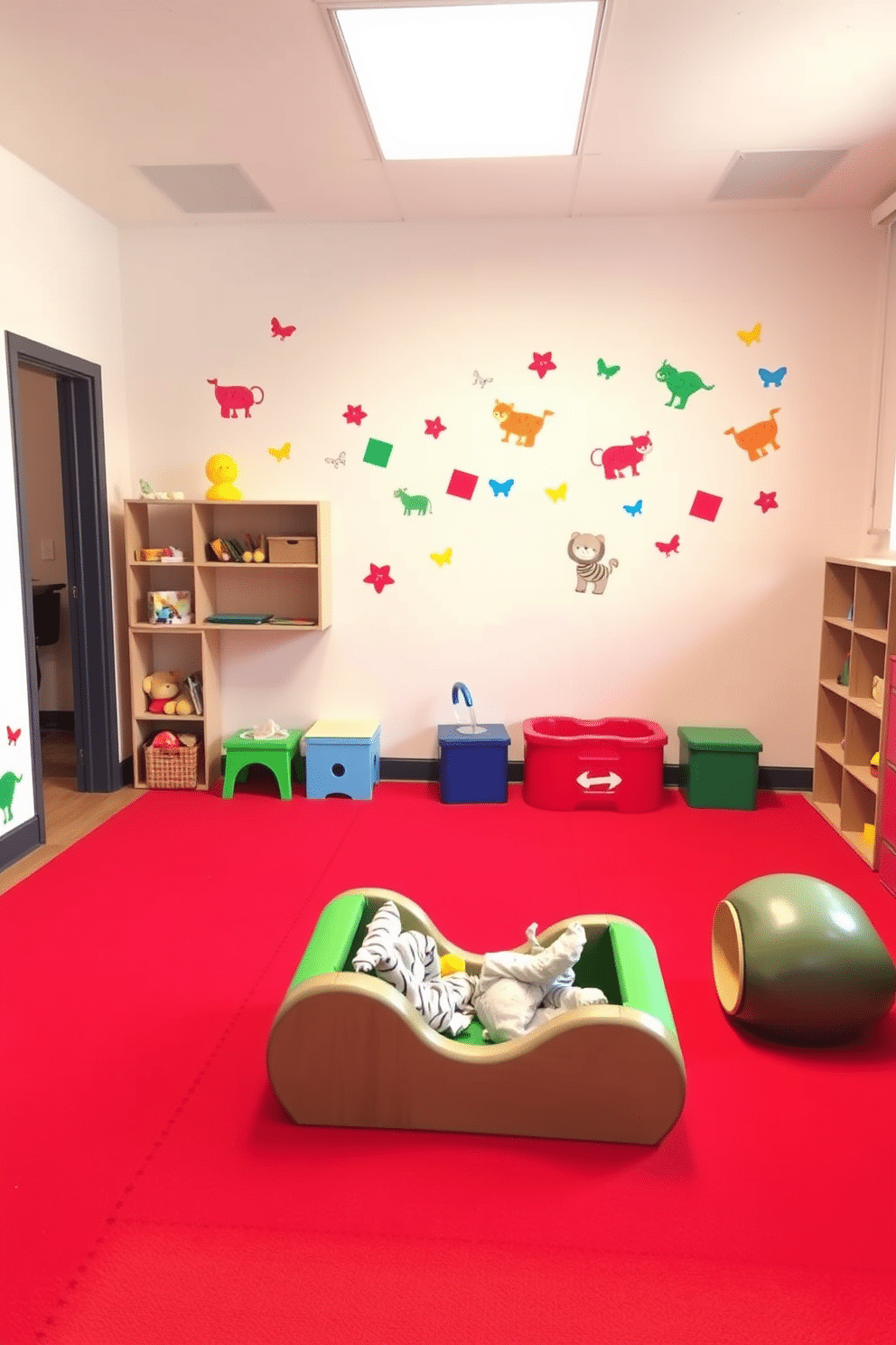 A vibrant playroom designed for safety and fun, featuring soft red foam mats that cover the floor for a cushioned play area. The walls are painted in a cheerful light color, adorned with colorful wall decals of animals and shapes to stimulate creativity.