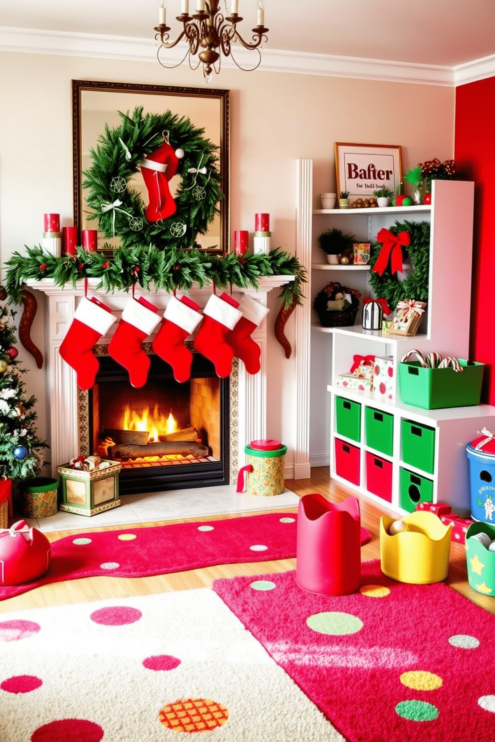 A festive holiday-themed living room adorned with red and green decorations. The mantel is draped with a lush garland, and vibrant stockings hang above a crackling fireplace. A playful playroom designed for children, featuring bright red walls and green accents. Colorful rugs scatter across the floor, and whimsical storage bins in various shapes keep toys organized.