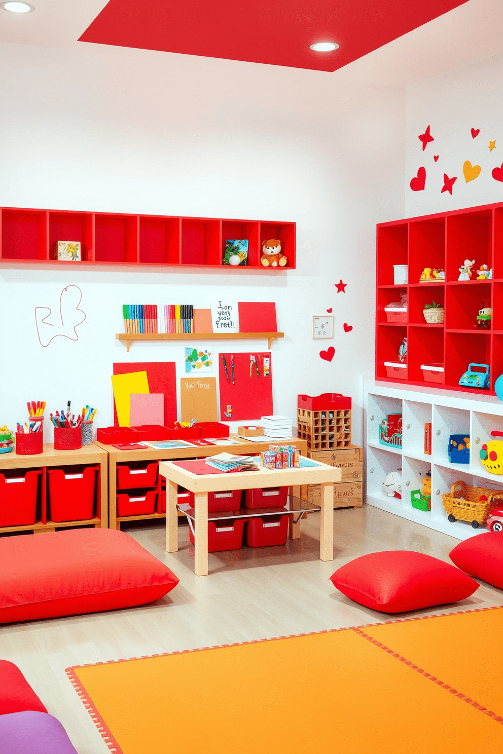 A vibrant art station filled with red craft supplies, including markers, paints, and paper, is set against a bright white wall. The workspace features a sturdy table with organized storage bins, and colorful artwork created by children is displayed proudly around the area. A playful playroom designed with a bold red theme, incorporating soft play mats and plush seating. Brightly colored toys are neatly arranged on shelves, and whimsical wall decals add a fun touch to the energetic atmosphere.