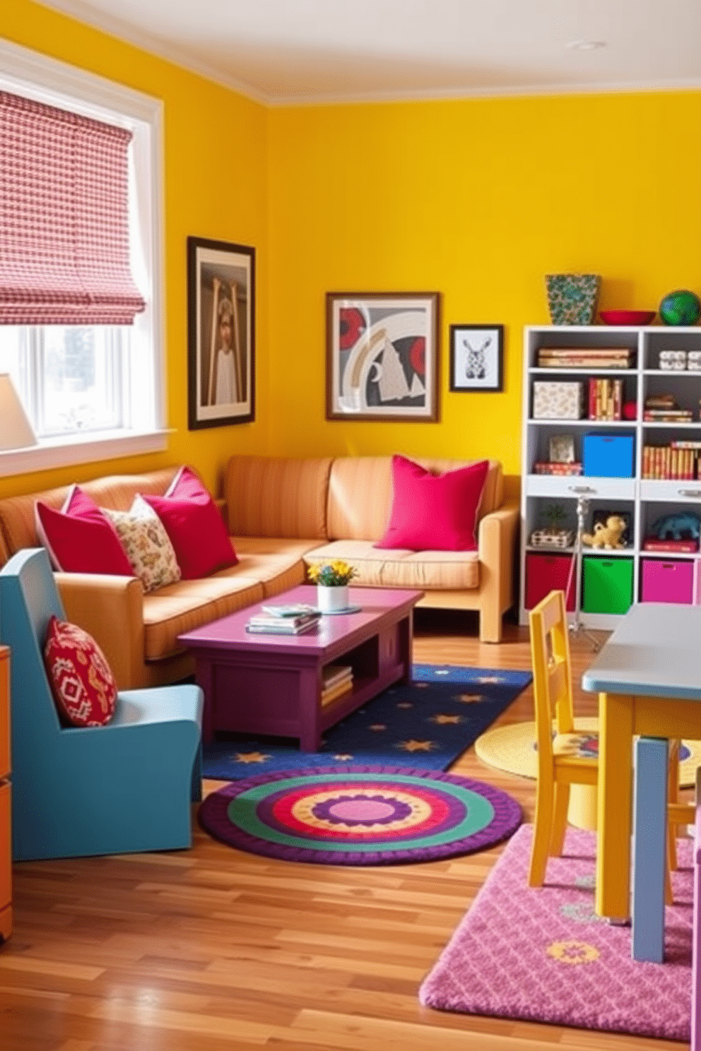 A vibrant playroom filled with playful furniture, featuring a cozy seating area adorned with red accent pillows. The walls are painted in a cheerful yellow, and colorful rugs scatter across the hardwood floor, creating a fun and inviting atmosphere.