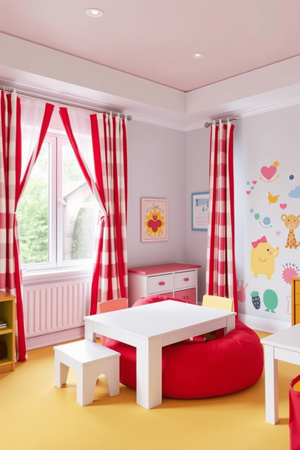 A vibrant playroom filled with energy and creativity. The room features red and white striped curtains that frame the windows, adding a playful touch to the space. Brightly colored furniture, including a large red bean bag and a white play table, invites children to explore and engage. The walls are adorned with cheerful artwork and playful decals, creating an inspiring environment for imaginative play.