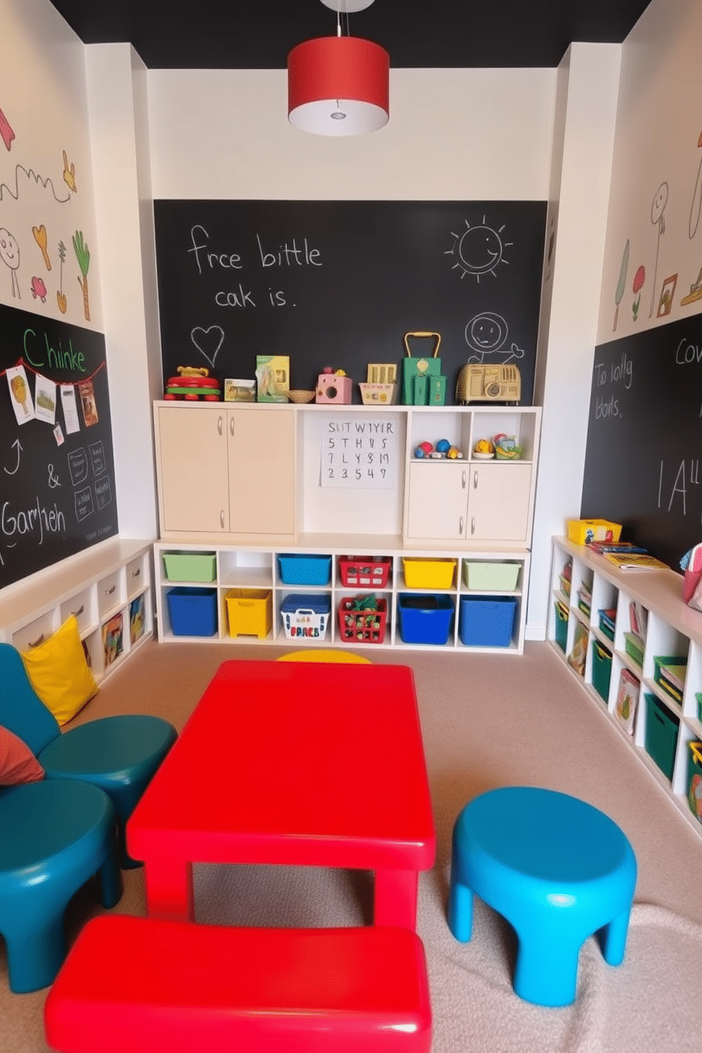 A vibrant playroom designed for creativity features a bright red play table surrounded by comfortable, colorful seating options. The walls are adorned with playful artwork and chalkboard paint, allowing children to express their artistic flair. The flooring is a soft, durable carpet in a neutral tone to provide a safe play area. Shelves filled with toys and art supplies are easily accessible, encouraging imaginative play and hands-on activities.