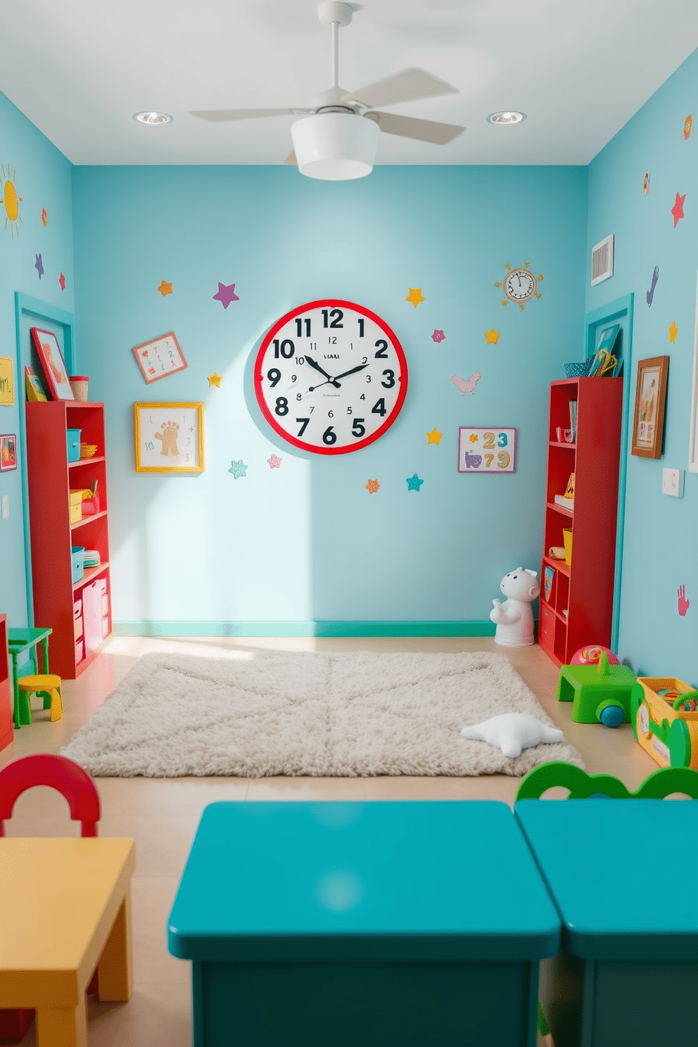 A vibrant playroom filled with energy and creativity. The walls are painted a cheerful shade of light blue, adorned with playful decals and artwork, creating a lively atmosphere. In the center of the room, a large, soft area rug provides a comfortable space for play. A red wall clock with fun designs hangs prominently, adding a whimsical touch and helping children learn to tell time.