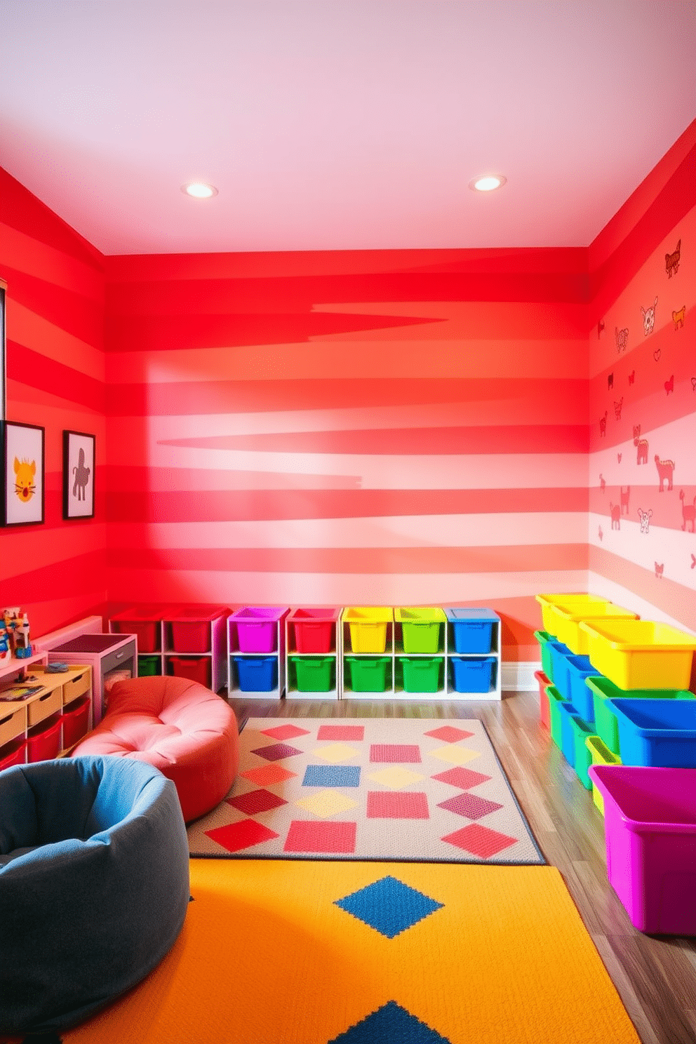 A vibrant playroom featuring a stunning red and orange color gradient wall that creates an energizing atmosphere. The room is filled with playful furniture, including a soft, oversized bean bag chair and a low, colorful table for creative activities. Brightly colored storage bins are neatly arranged along one side, providing ample space for toys and games. A playful rug with geometric patterns adds comfort underfoot, while whimsical wall decals of animals and shapes enhance the fun environment.