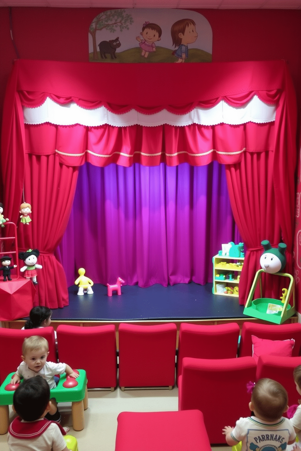 A vibrant puppet theater designed for performances, featuring rich red curtains that frame the stage and plush red seating for the audience. The backdrop is painted with whimsical scenes, and decorative puppet displays are arranged on either side of the stage to enhance the playful atmosphere. A playful red-themed playroom filled with interactive toys and activities, including a red climbing structure and a cozy reading nook with red cushions. The walls are adorned with cheerful red and white patterns, creating an inviting space for children to explore and play.