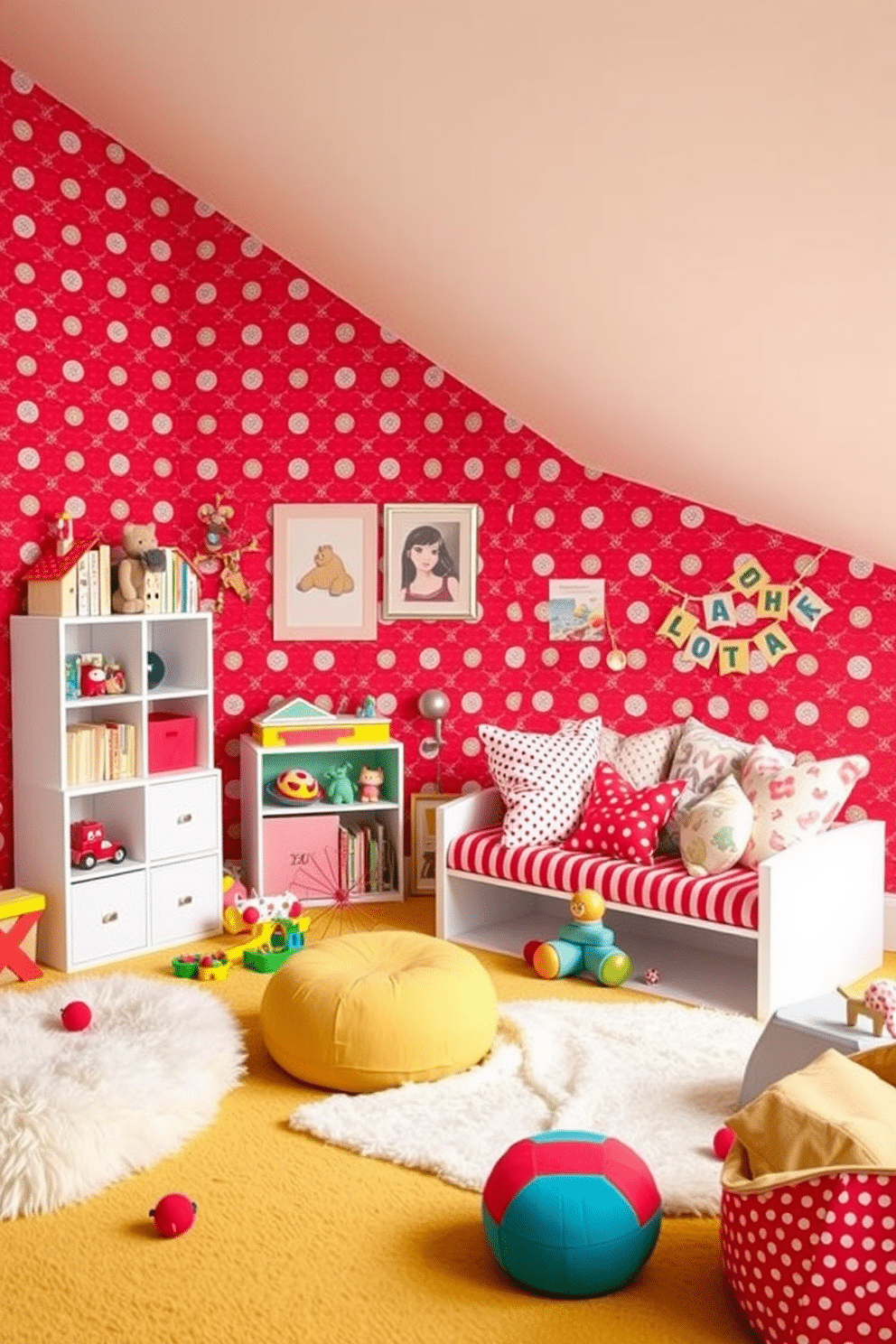 A vibrant playroom featuring red and white polka dot wallpaper that creates a playful and energetic atmosphere. The room is filled with colorful toys, plush seating, and a cozy reading nook adorned with soft cushions and whimsical decor.