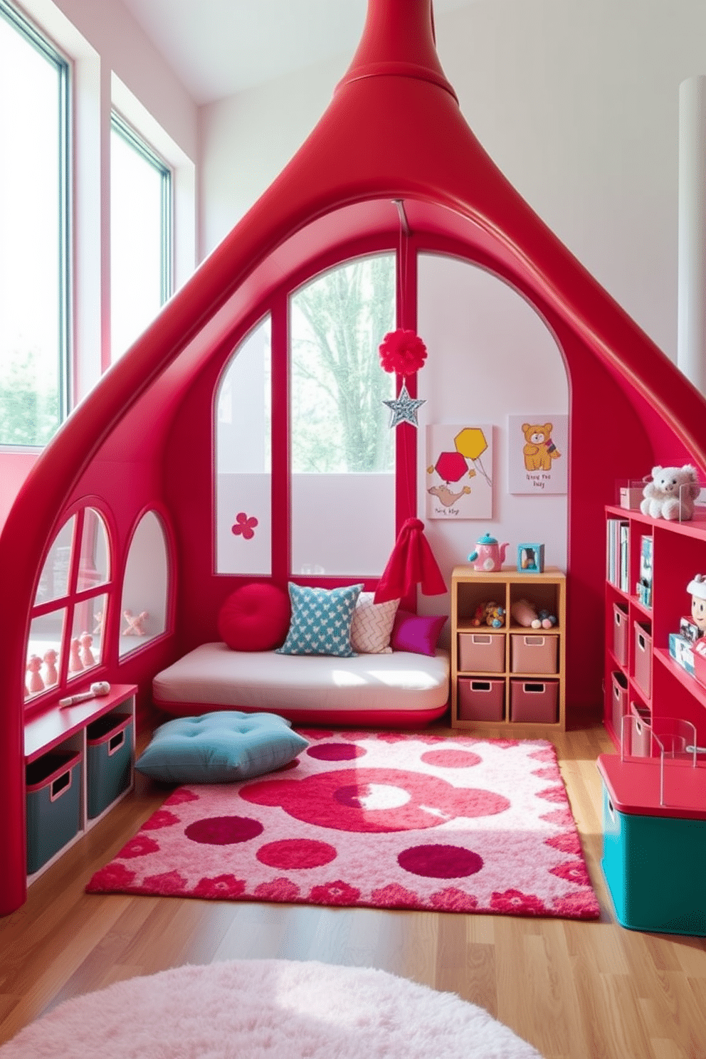 A bright red playhouse designed for indoor adventures, featuring a whimsical structure with rounded edges and large windows that allow ample natural light. Inside, vibrant cushions and playful decor create an inviting atmosphere for children to explore and play. The playroom is adorned with matching red accents, including a soft rug and colorful wall art that sparks creativity. Storage solutions like open shelves and bins are integrated to keep toys organized while maintaining the playful aesthetic.