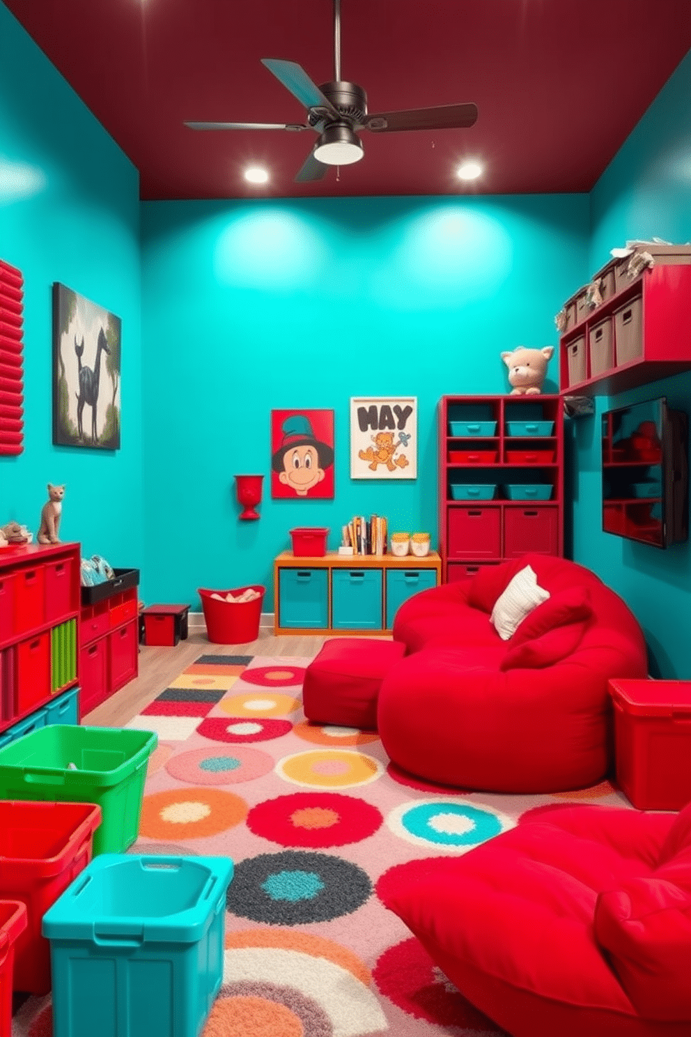 A vibrant playroom designed with a red and turquoise color combination. The walls are painted in a lively turquoise, while the furniture features bold red accents, including a plush sofa and playful bean bags. The room includes a large, colorful rug that ties the two colors together, creating a cozy atmosphere. Brightly colored storage bins in various shapes and sizes are scattered throughout, providing an organized yet fun space for toys and games.