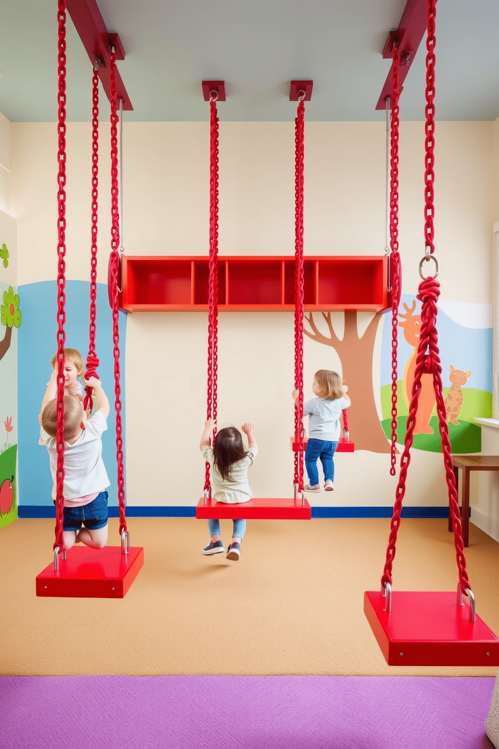 A vibrant playroom designed for energetic children features wall-mounted red swings that invite active play. The walls are adorned with playful murals, and the flooring is cushioned for safety, creating an engaging and fun environment.