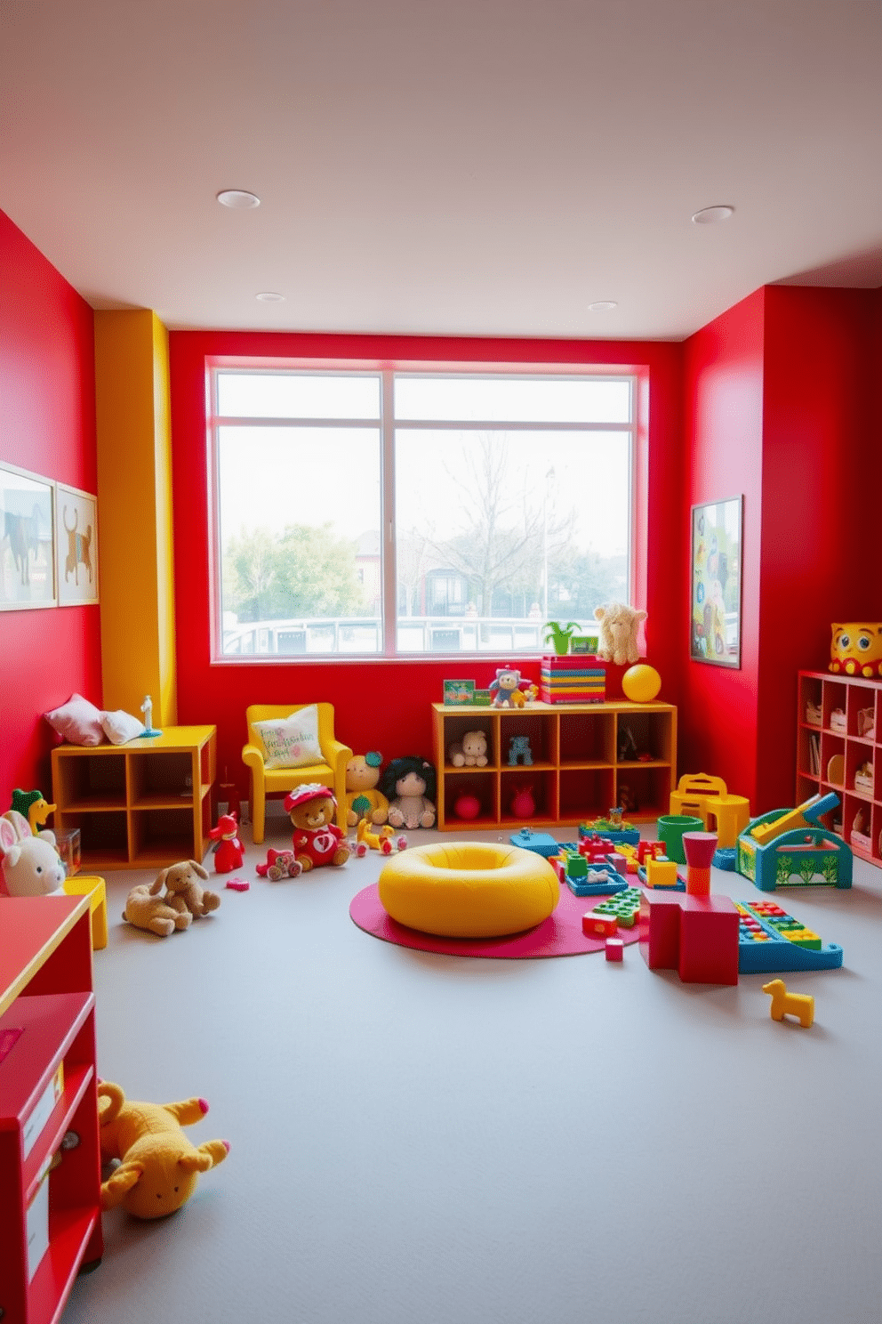 A vibrant play area filled with red and yellow accents creates an energetic atmosphere for children. Brightly colored walls in bold red are complemented by cheerful yellow furniture, including a soft play mat and a cozy reading nook. The space is scattered with a variety of toys, from plush animals to building blocks, encouraging creativity and play. Large windows allow natural light to flood in, enhancing the lively ambiance and making it an inviting space for kids to explore.