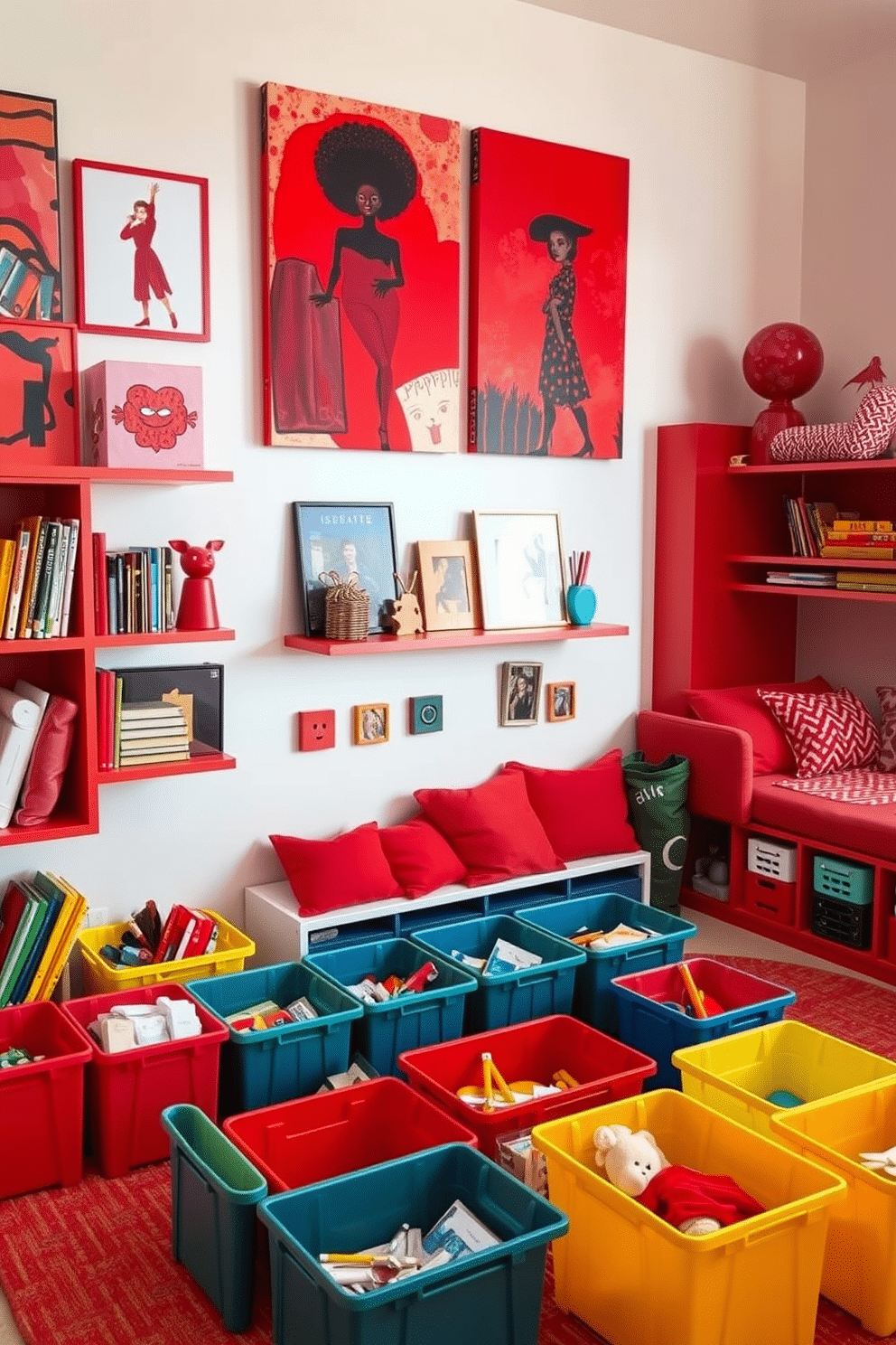 A vibrant art display featuring bold red tones dominates the wall, with a mix of abstract and figurative pieces that inspire creativity. The artwork is complemented by sleek, modern shelving that showcases art supplies and books, creating an engaging environment for artistic exploration. The playroom is designed with a playful red color scheme, featuring soft furnishings in various shades of red and playful patterns. A large, cushioned area rug provides a comfortable space for children to play, surrounded by colorful storage bins filled with toys and art materials.