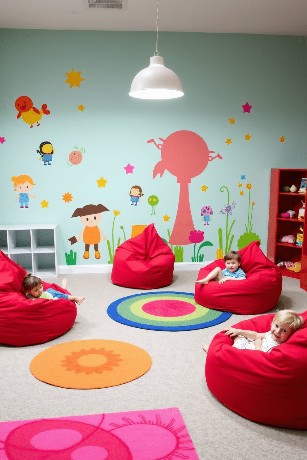 Cozy red bean bags are scattered throughout the playroom, providing a casual and inviting seating option for children. The vibrant red color adds a playful touch, complementing the room's cheerful atmosphere. The playroom features soft, colorful rugs that define different activity zones, encouraging imaginative play. Brightly colored wall decals of cartoon characters and whimsical designs create an engaging and fun environment for kids.