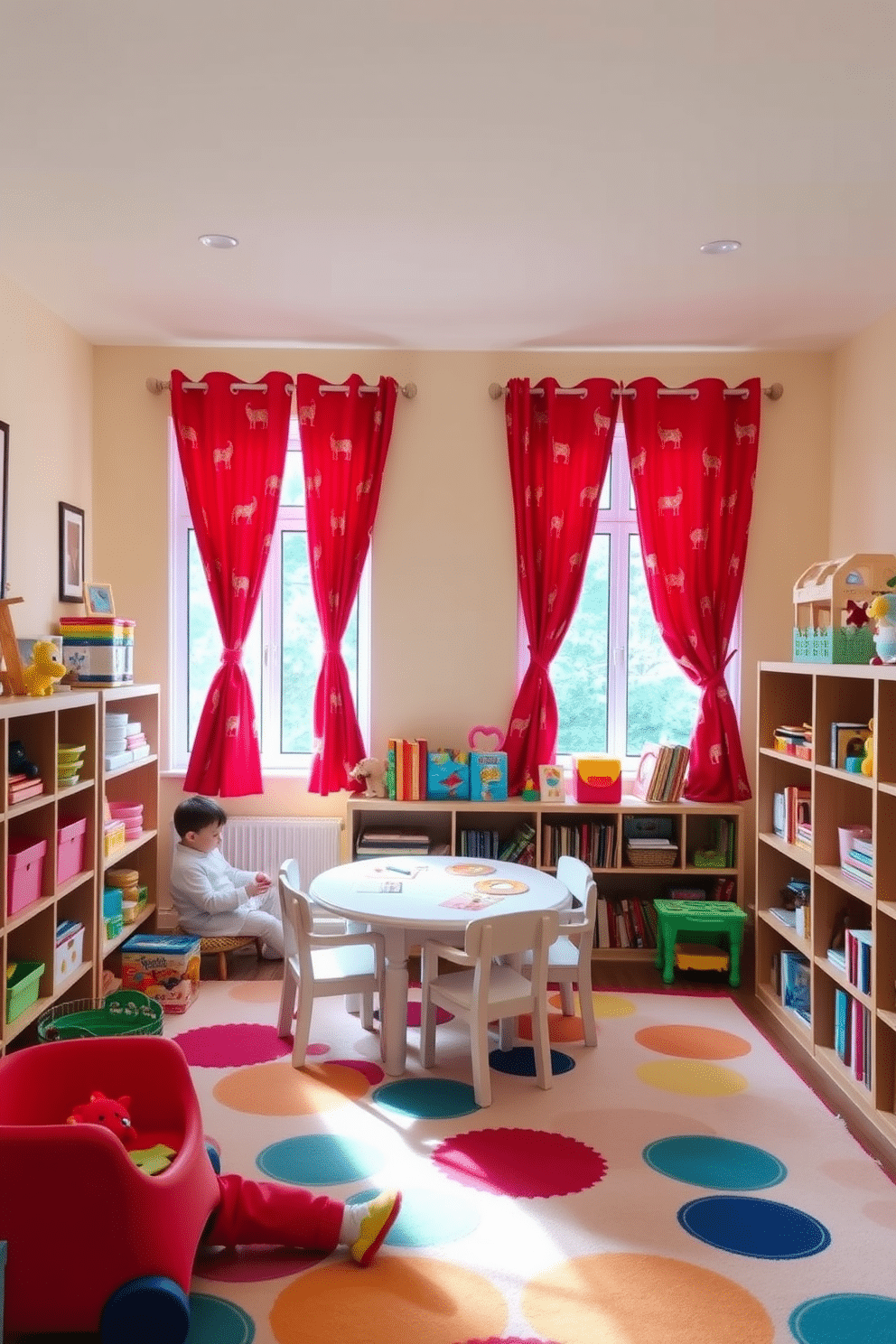 A vibrant playroom filled with energy and creativity. The walls are painted in a soft pastel color, providing a cheerful backdrop for the space. Red curtains with playful animal prints frame the large windows, adding a whimsical touch. The floor is covered with a soft, colorful rug, inviting children to sit and play comfortably. A low table surrounded by child-sized chairs encourages arts and crafts activities. Shelves filled with toys and books are easily accessible, promoting a fun and organized environment.