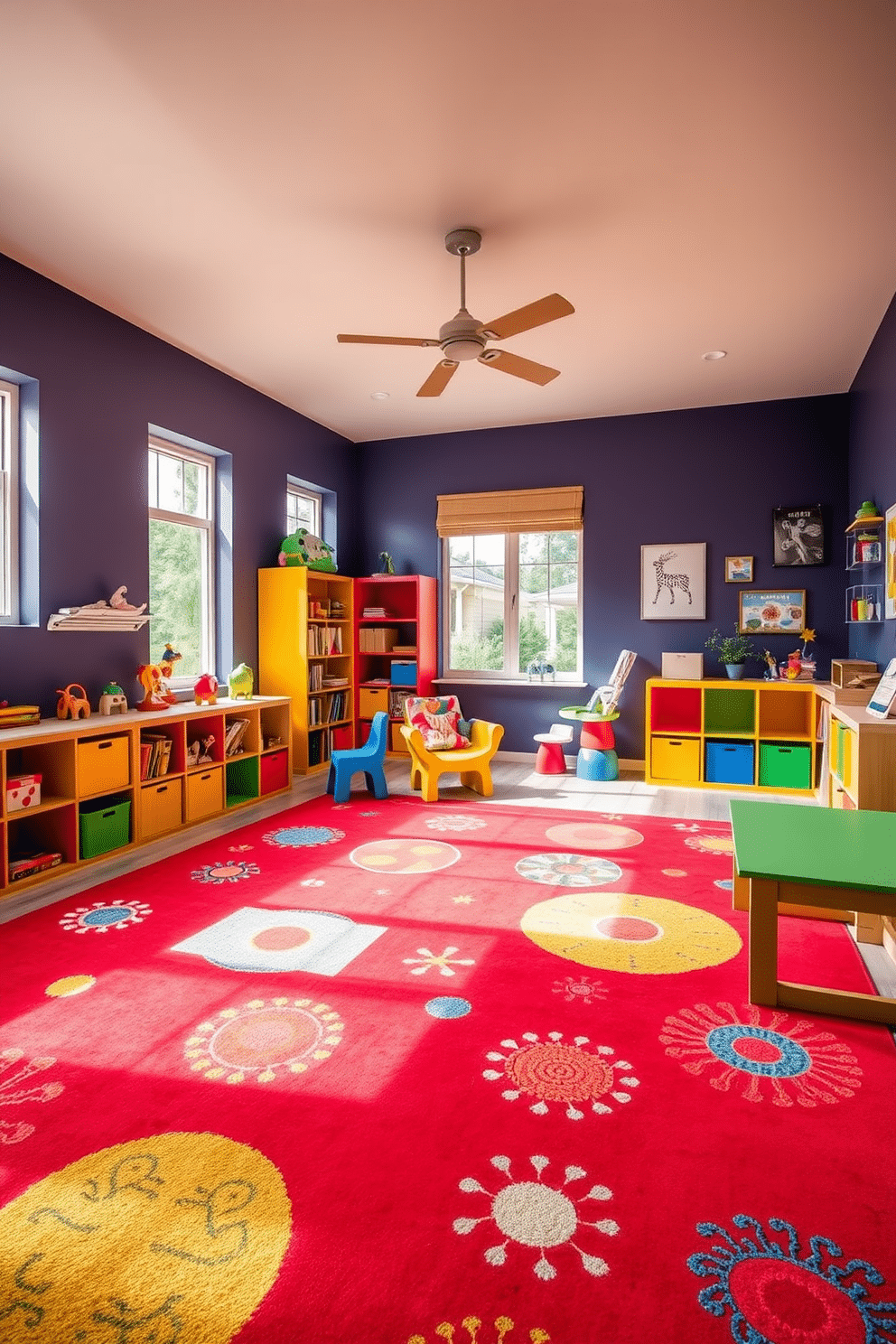 A vibrant playroom featuring a striking red rug adorned with playful patterns and textures. The rug anchors the space, surrounded by colorful furniture and playful decor that invites creativity and fun. Brightly colored shelves line the walls, filled with toys and books, while a cozy reading nook is nestled in one corner. Large windows allow natural light to flood the room, enhancing the cheerful atmosphere and making it a perfect space for children to play and learn.