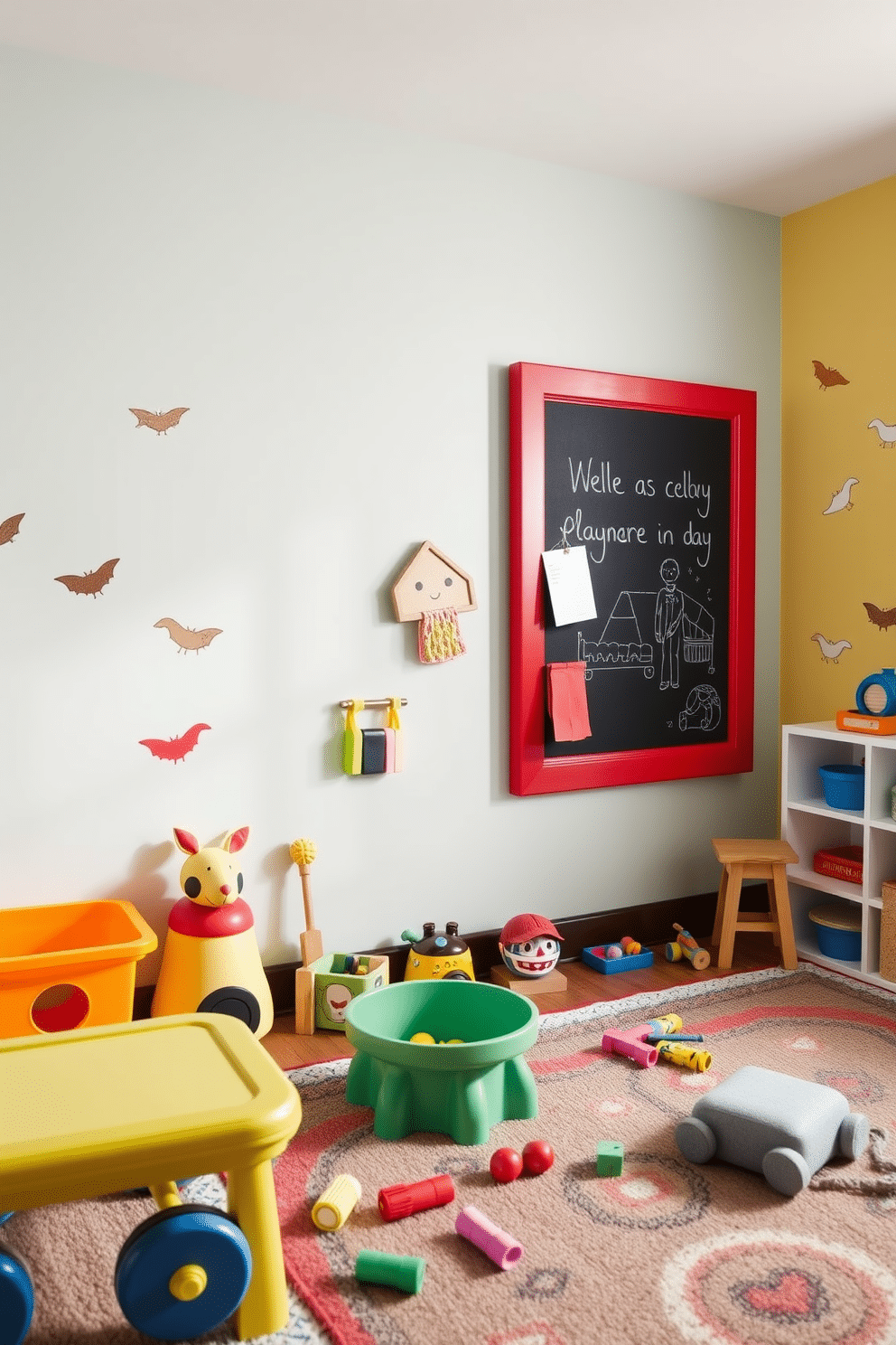 A playful and vibrant playroom featuring a wall-mounted chalkboard with a bold red frame. The space is filled with colorful toys, soft rugs, and playful wall decals to inspire creativity and fun.