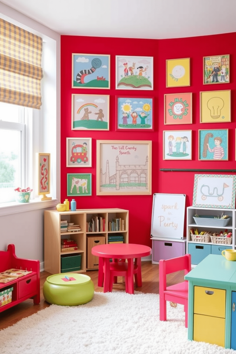 A vibrant playroom featuring a striking red accent wall adorned with colorful artwork that sparks creativity. The room is furnished with playful, child-sized furniture and a soft, plush rug to create a welcoming space for play and learning.