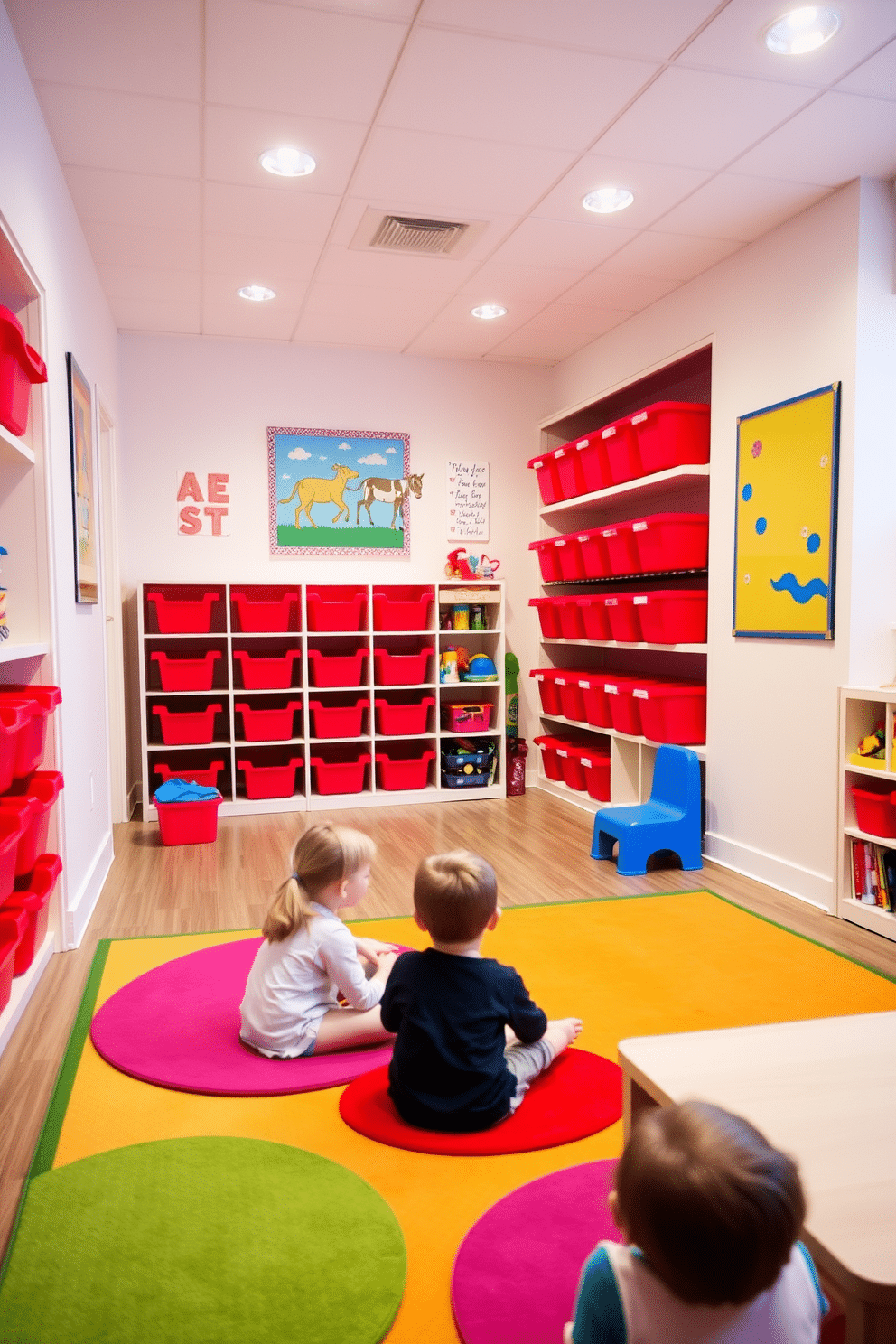 A vibrant playroom filled with energy, featuring bright red storage bins neatly arranged along the walls for easy access during playtime. The room is adorned with playful wall art and soft, colorful rugs that invite children to sit and engage in creative activities.