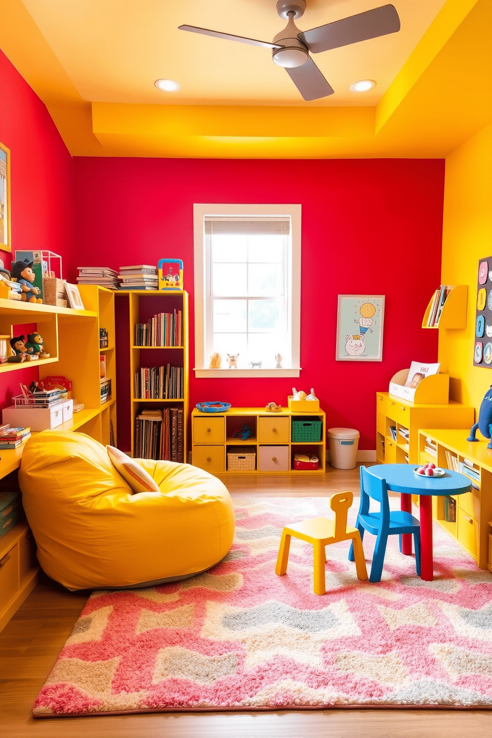 A vibrant playroom filled with energy, featuring walls painted in a playful red and yellow color scheme. Bright yellow furniture, including a cozy bean bag and a small table with colorful chairs, invites creativity and fun. The floor is covered with a soft, multicolored area rug that adds comfort and warmth. Wall-mounted shelves display an array of toys and books, while playful artwork adorns the walls, enhancing the cheerful atmosphere.