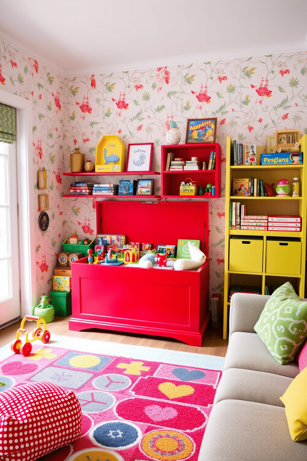 A vibrant playroom featuring a red toy chest that serves as stylish storage, adding a pop of color to the space. The walls are adorned with playful wallpaper, and a soft area rug in cheerful patterns provides a cozy play area for children. The room includes a variety of engaging toys neatly organized in the red chest, encouraging creativity and play. Brightly colored shelves display books and games, while comfortable seating invites relaxation and fun.