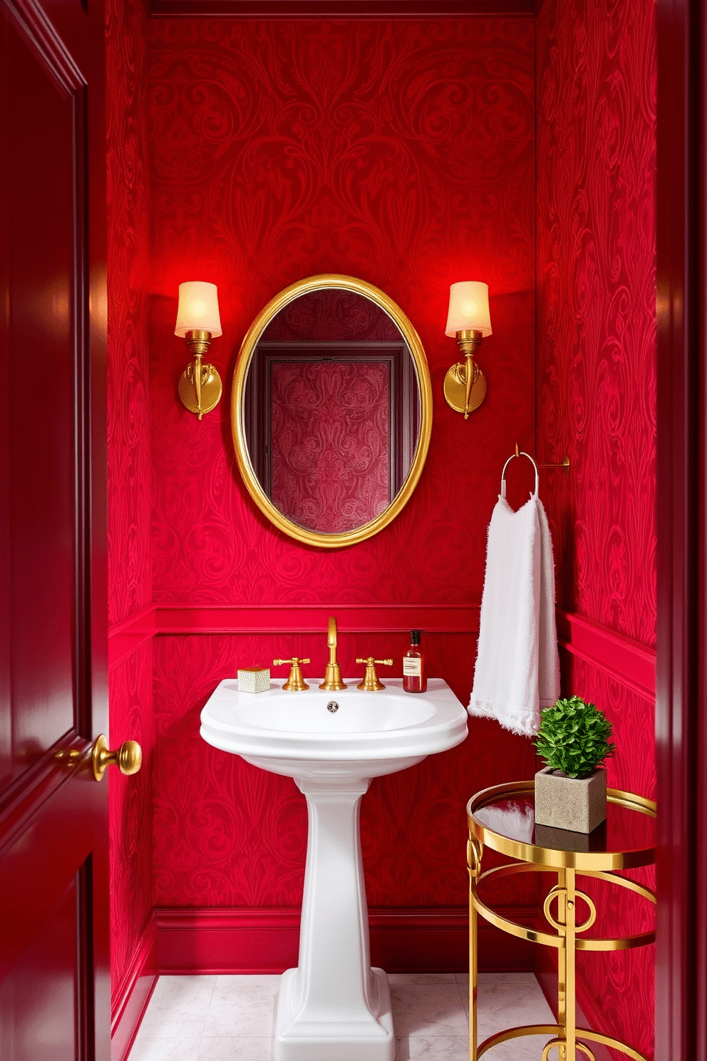 A striking powder room featuring bold crimson walls adorned with elegant gold accents. The space includes a stylish pedestal sink with a sleek gold faucet and a round mirror framed in gold, creating a luxurious focal point. Richly textured wallpaper complements the crimson hue, while decorative sconces with warm lighting enhance the ambiance. A small potted plant sits on a gold accent table, adding a touch of greenery to the opulent design.