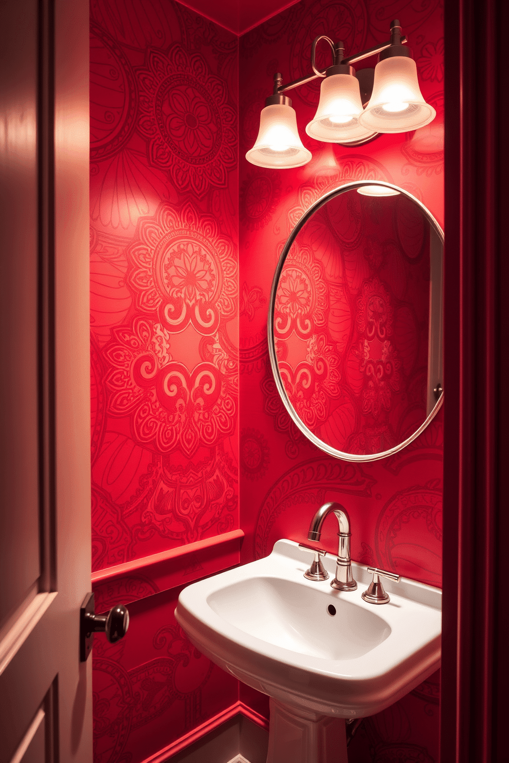 A striking red powder room features artistic murals that create a bold and unique atmosphere. The walls are adorned with intricate designs, showcasing vibrant shades of red that energize the space. The room includes a sleek pedestal sink with a modern faucet, complemented by a stylish round mirror above it. Elegant lighting fixtures cast a warm glow, enhancing the artistic elements of the murals while providing a welcoming ambiance.