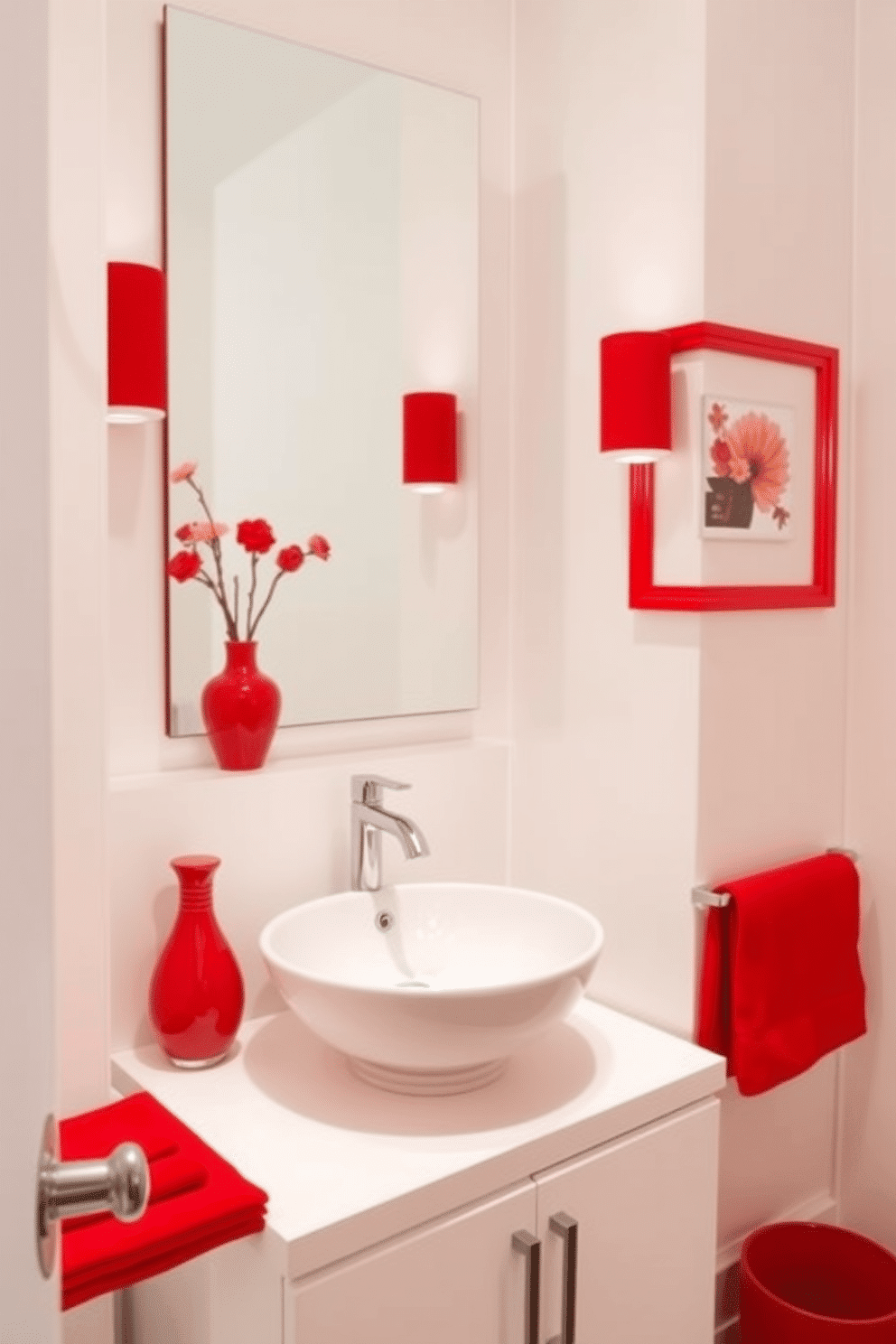 A chic powder room featuring bright red accessories that add a vibrant pop of color. The walls are painted in a soft white, creating a striking contrast with the bold red accents throughout the space. A sleek, modern sink with a polished chrome faucet sits atop a minimalist white vanity. Decorative elements like a red vase and matching hand towels enhance the room's lively aesthetic, while a stylish mirror reflects the bright hues.