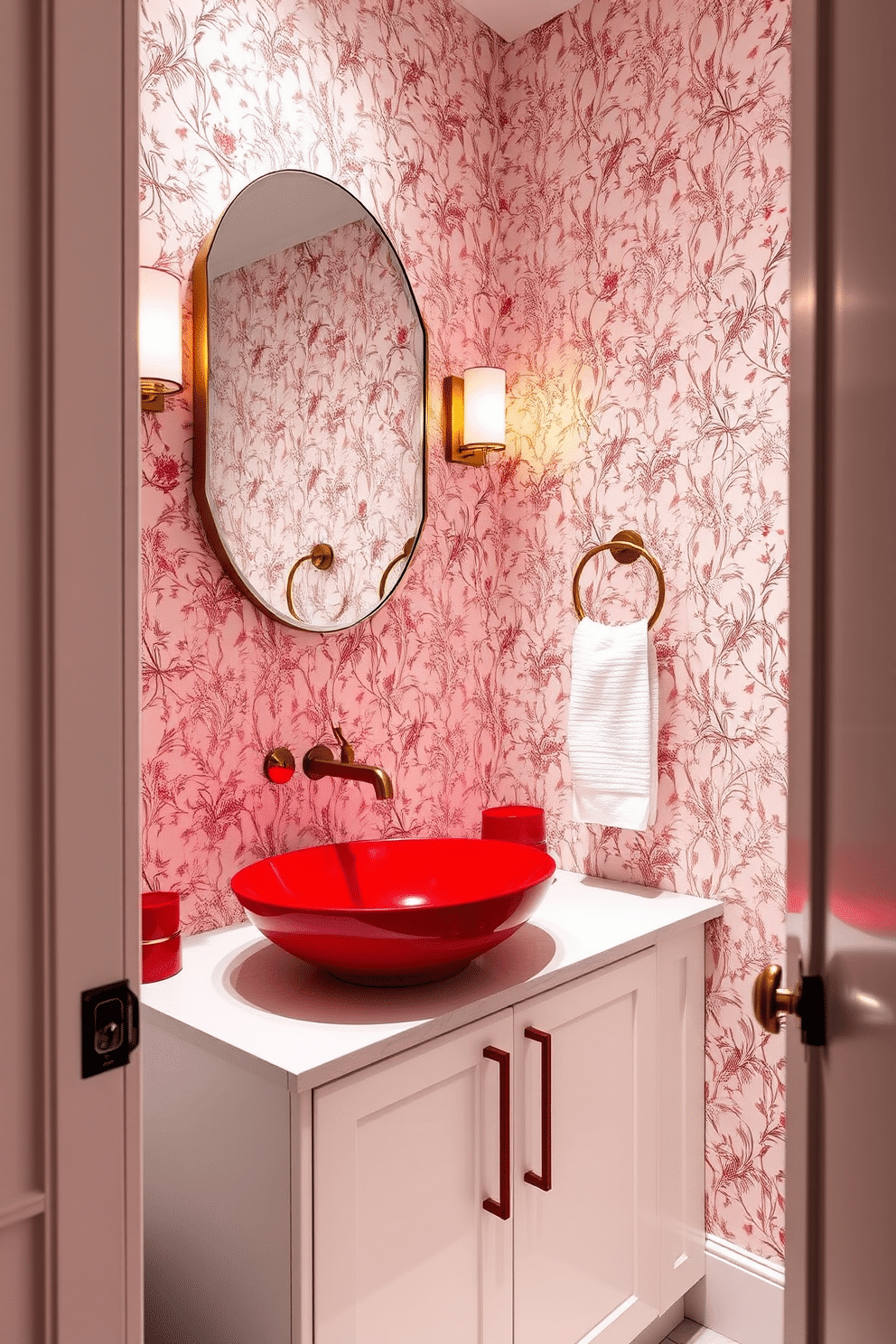 A striking red sink serves as the centerpiece of a chic powder room, drawing immediate attention with its bold color and modern shape. The walls are adorned with a delicate floral wallpaper that complements the vibrant sink, creating a harmonious balance of style and elegance. The space features sleek, white cabinetry that contrasts beautifully with the red accents, while a stylish mirror above the sink enhances the room's brightness. Soft, ambient lighting illuminates the area, highlighting the intricate details of the decor and inviting guests to enjoy this unique design.