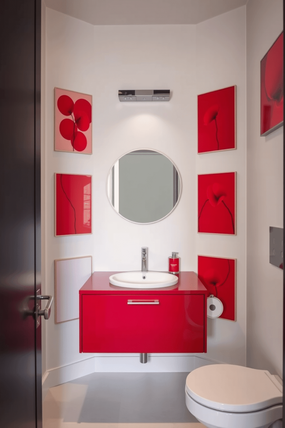 A contemporary powder room featuring striking red art pieces adorning the walls, creating a bold focal point. The space is accented with sleek fixtures and a minimalist aesthetic, emphasizing the vibrant artwork. The vanity showcases a modern design with a deep red finish, complemented by a chic round mirror above it. Subtle lighting enhances the ambiance, highlighting the unique art while maintaining an inviting atmosphere.