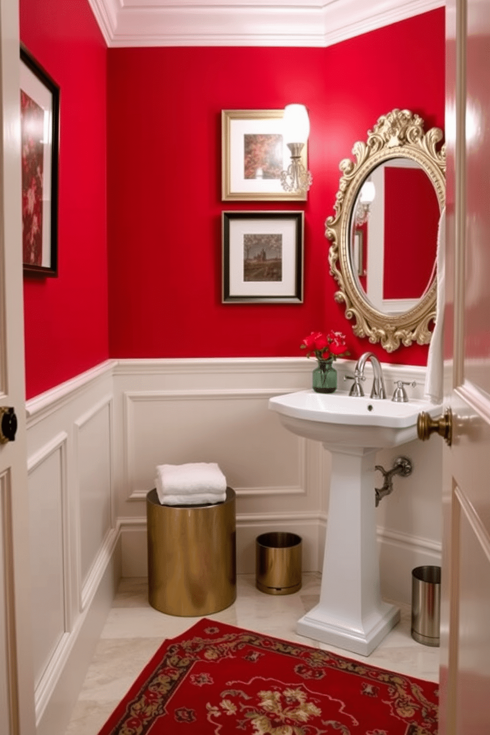 A stylish red rug anchors the space, adding warmth and a pop of color to the elegant decor. The powder room features a sleek pedestal sink with a polished chrome faucet, complemented by a vibrant red accent wall adorned with framed art. Incorporate a vintage mirror with an ornate frame above the sink, reflecting the luxurious ambiance of the room. Soft lighting from a decorative sconce enhances the rich tones of the red rug and creates an inviting atmosphere.