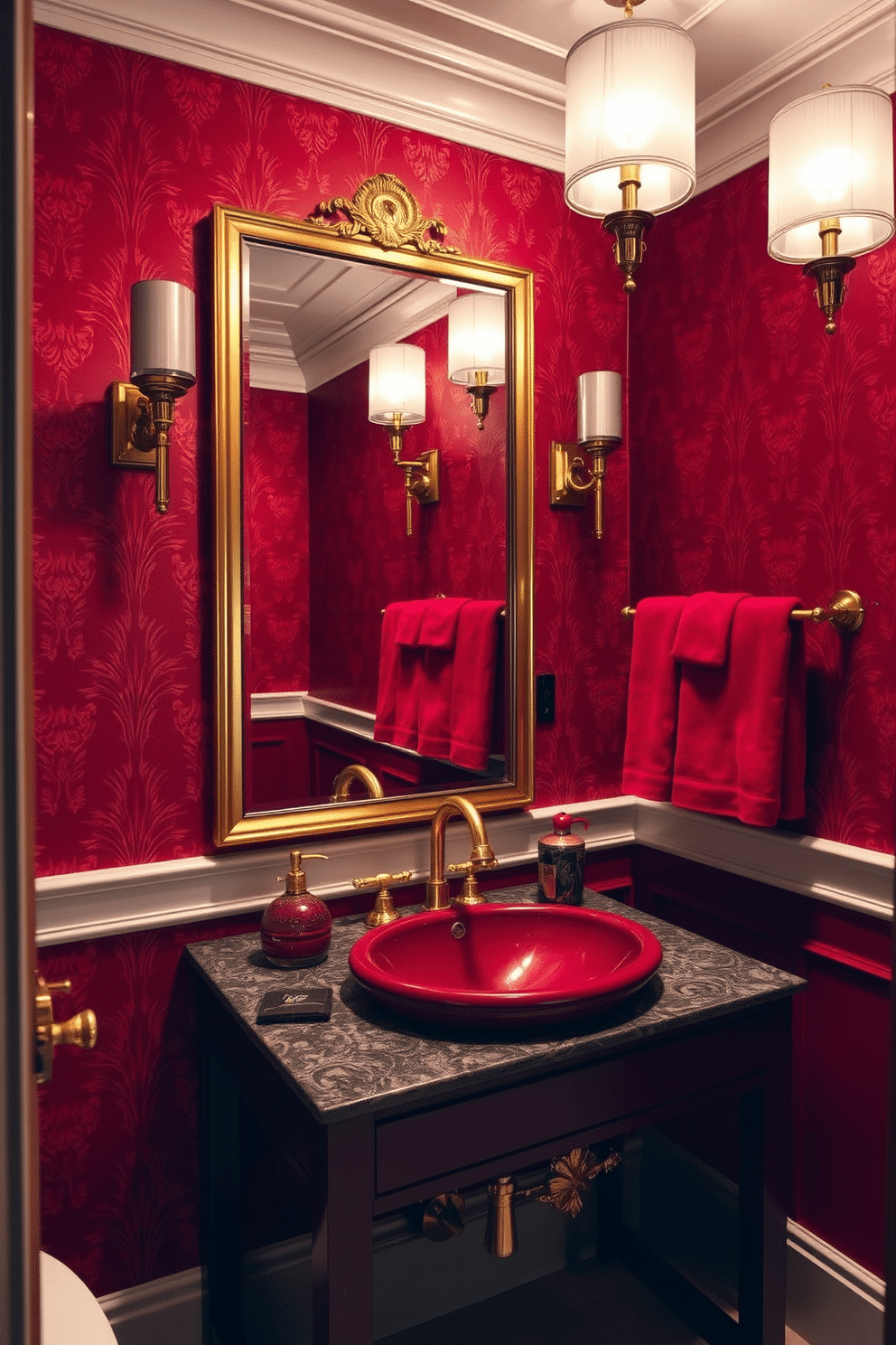 A luxurious powder room featuring a striking red and gold color palette. The walls are adorned with a rich red wallpaper, accented by gold leaf details, creating a sense of opulence. The vanity showcases a sleek gold-framed mirror above a deep red sink with intricate gold fixtures. Elegant gold sconces illuminate the space, while plush red towels are neatly arranged on a gold towel rack.