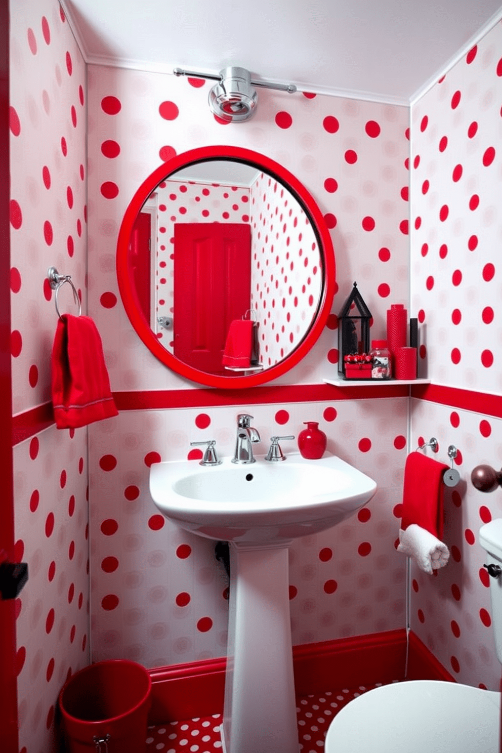 A vibrant powder room featuring playful red accents throughout the space. The walls are adorned with polka dot wallpaper, creating a whimsical atmosphere complemented by a sleek white pedestal sink. A round mirror with a bold red frame hangs above the sink, reflecting the cheerful decor. A small, stylish shelf displays decorative items in varying shades of red, enhancing the playful theme.