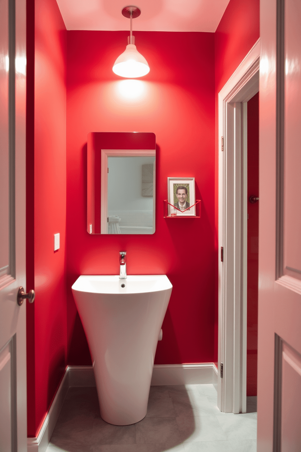 A minimalist red powder room features sleek, clean lines with a bold red accent wall that creates a striking focal point. The space is adorned with a simple white pedestal sink and a frameless mirror, enhancing the uncluttered aesthetic. A small, geometric red shelf displays a few carefully chosen decorative items, while a modern light fixture provides warm illumination. The floor is covered with light gray tiles, balancing the intensity of the red and maintaining a fresh, airy feel.