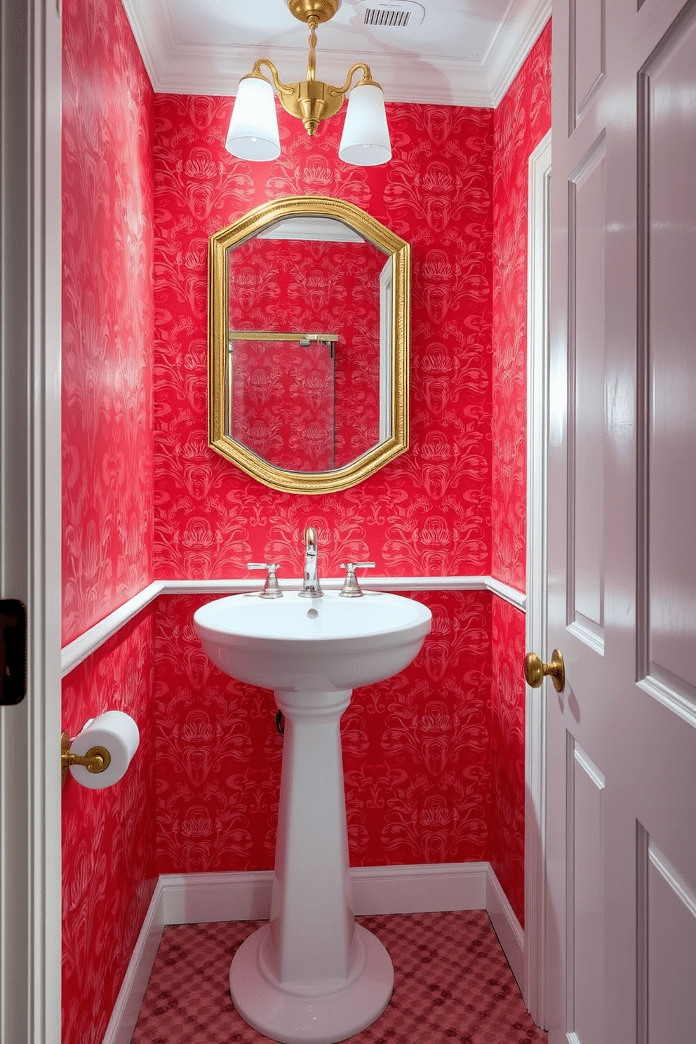 A chic powder room adorned with vibrant red wallpaper featuring intricate floral patterns. The space is complemented by a sleek white pedestal sink and a gold-framed mirror that reflects the bold design.