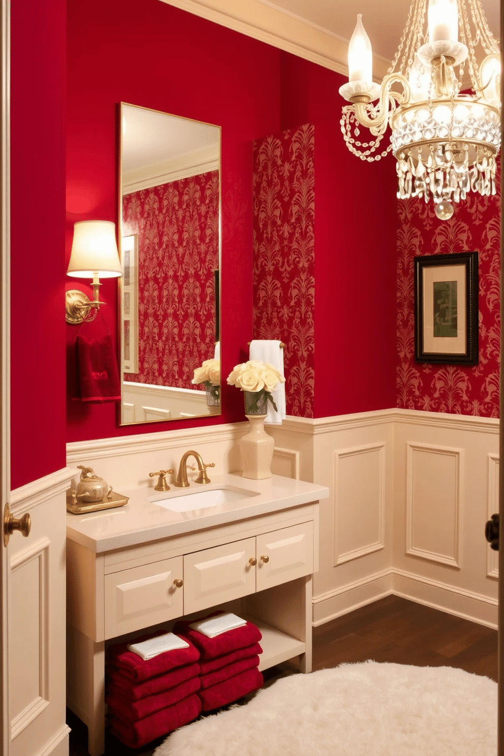 A sophisticated red and cream powder room featuring rich red walls adorned with elegant cream wainscoting. The space includes a sleek cream vanity with ornate gold fixtures, complemented by a striking red and cream patterned wallpaper. A luxurious chandelier hangs from the ceiling, casting a warm glow over the room. Decorative accents like a plush cream rug and red towels add a touch of comfort and style to this refined setting.