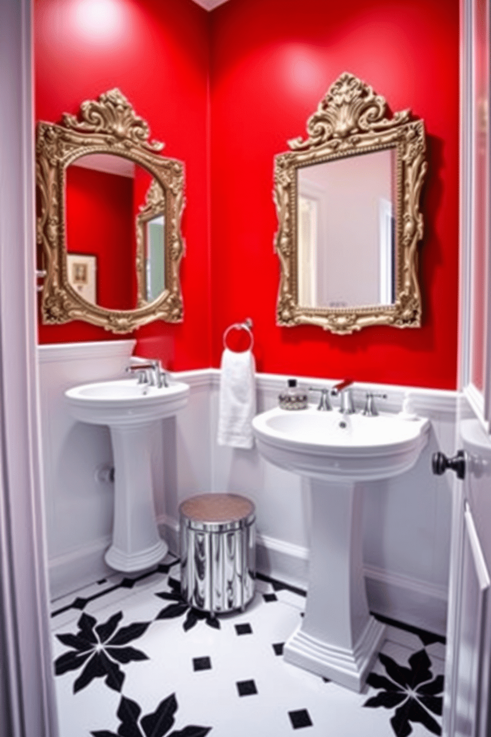 A striking powder room featuring a bold red accent wall that adds a vibrant touch to the space. The room is enhanced by two stylish mirrors with ornate frames, reflecting the luxurious design elements throughout. The floor is adorned with elegant black and white tiles, providing a classic contrast to the vivid wall color. A sleek white pedestal sink and modern fixtures complete the look, creating a sophisticated yet inviting atmosphere.