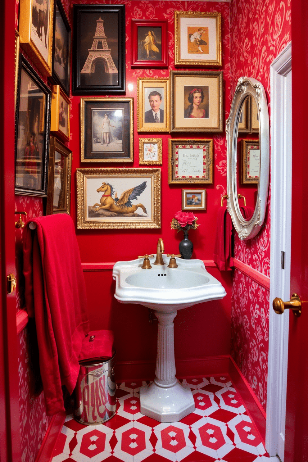 Eclectic red decor fills the small powder room, featuring a vibrant red accent wall adorned with a variety of framed artwork in different styles. The space is complemented by a patterned wallpaper that incorporates shades of red, gold, and white, creating a dynamic visual impact. A vintage pedestal sink with ornate detailing sits against the wall, paired with a chic gold faucet that adds a touch of elegance. The floor is covered in a bold geometric tile that contrasts beautifully with the eclectic decor, while plush red towels and a decorative mirror enhance the overall aesthetic.