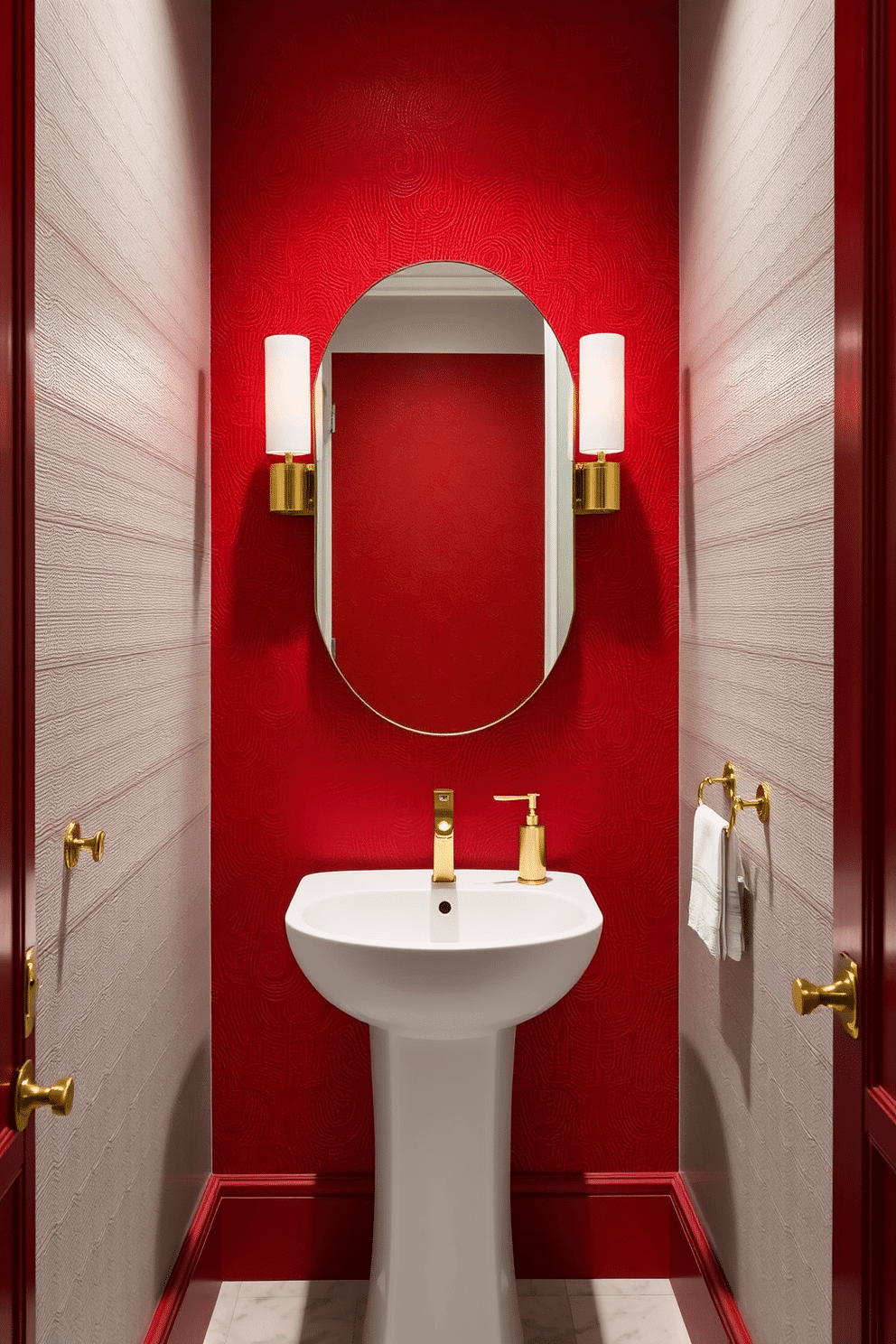 Textured red wall panels create a striking focal point, adding depth and warmth to the space. The powder room features elegant fixtures, including a sleek pedestal sink and a stylish wall-mounted faucet, complemented by gold accents throughout.